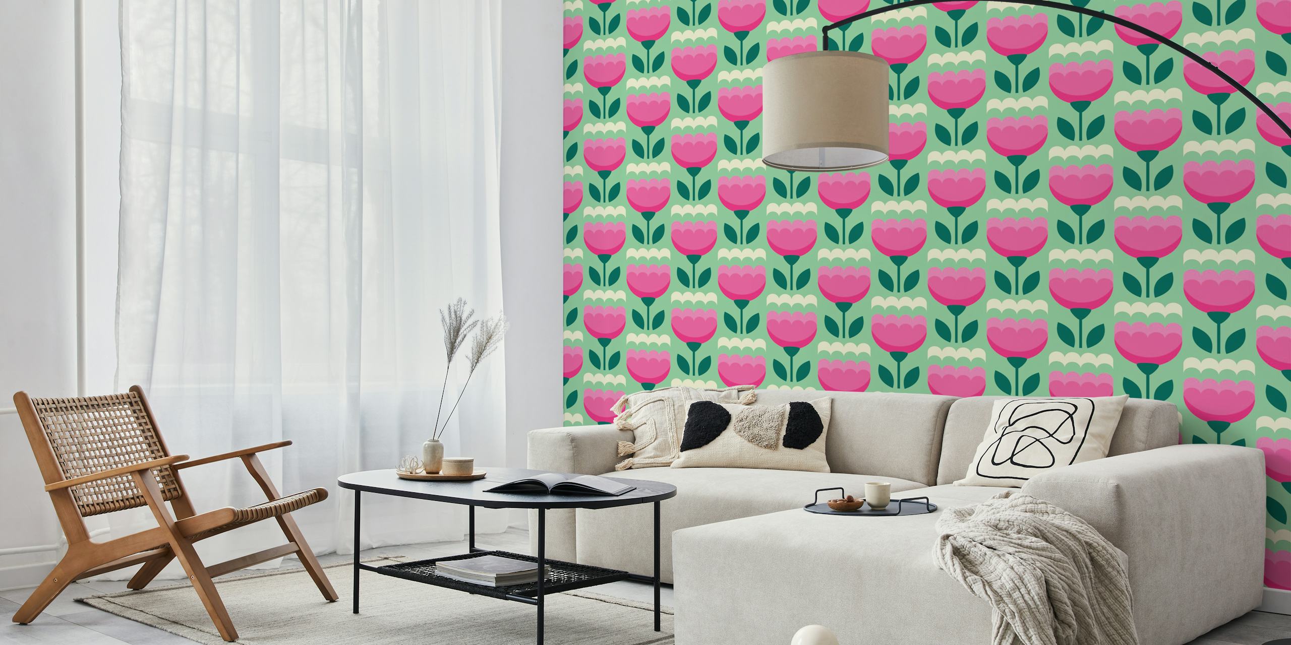 Pink abstract tulips wallpaper in a room