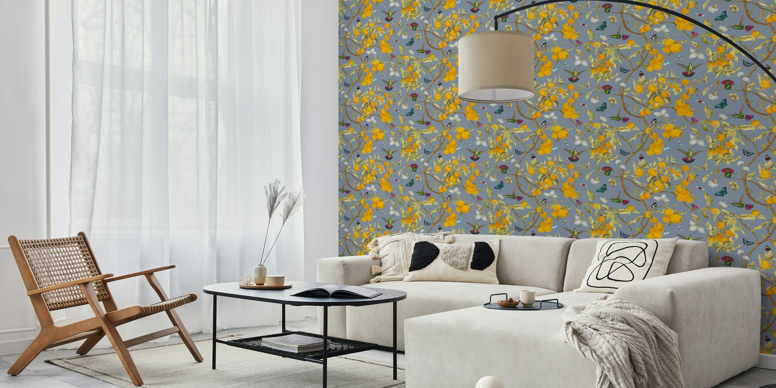 Hummingbirds, lemons, and butterflies on blue background wallpaper