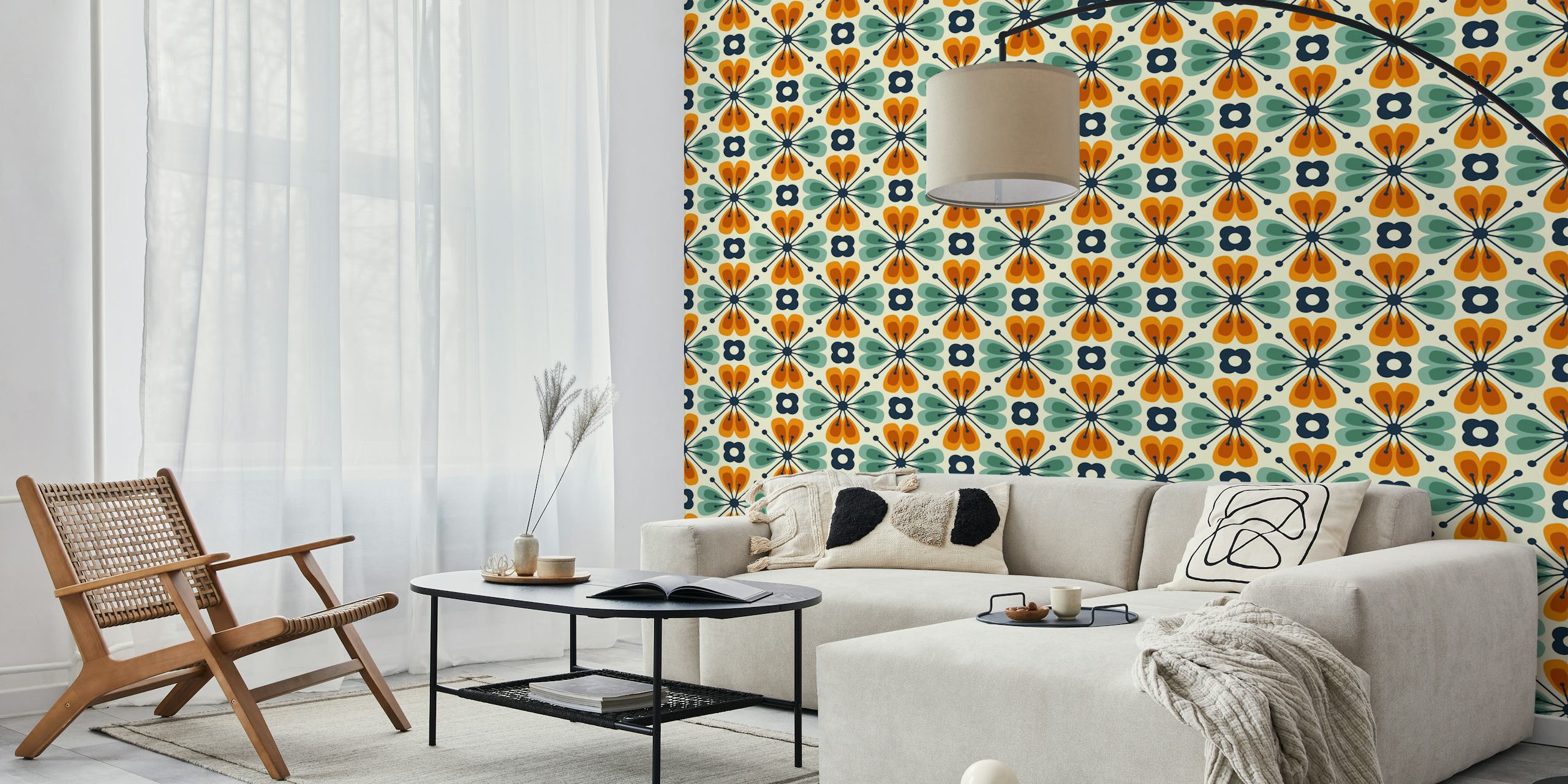Vintage orange and teal floral pattern wallpaper