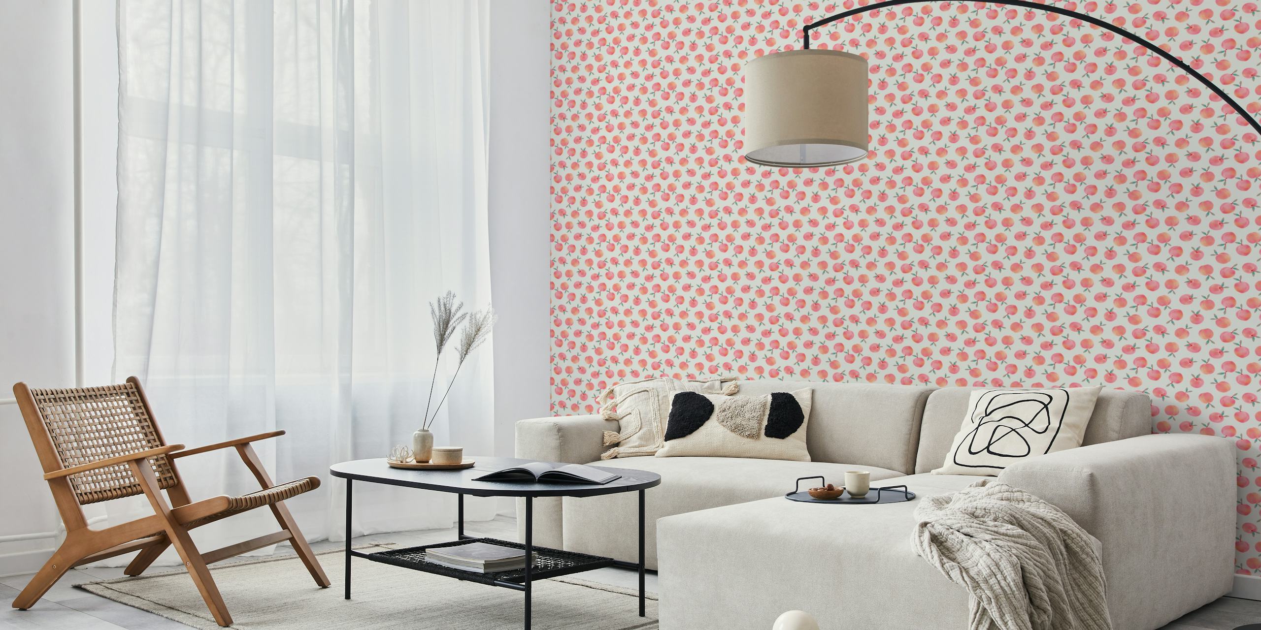 Peach fruit pattern in shades of pink and green wallpaper