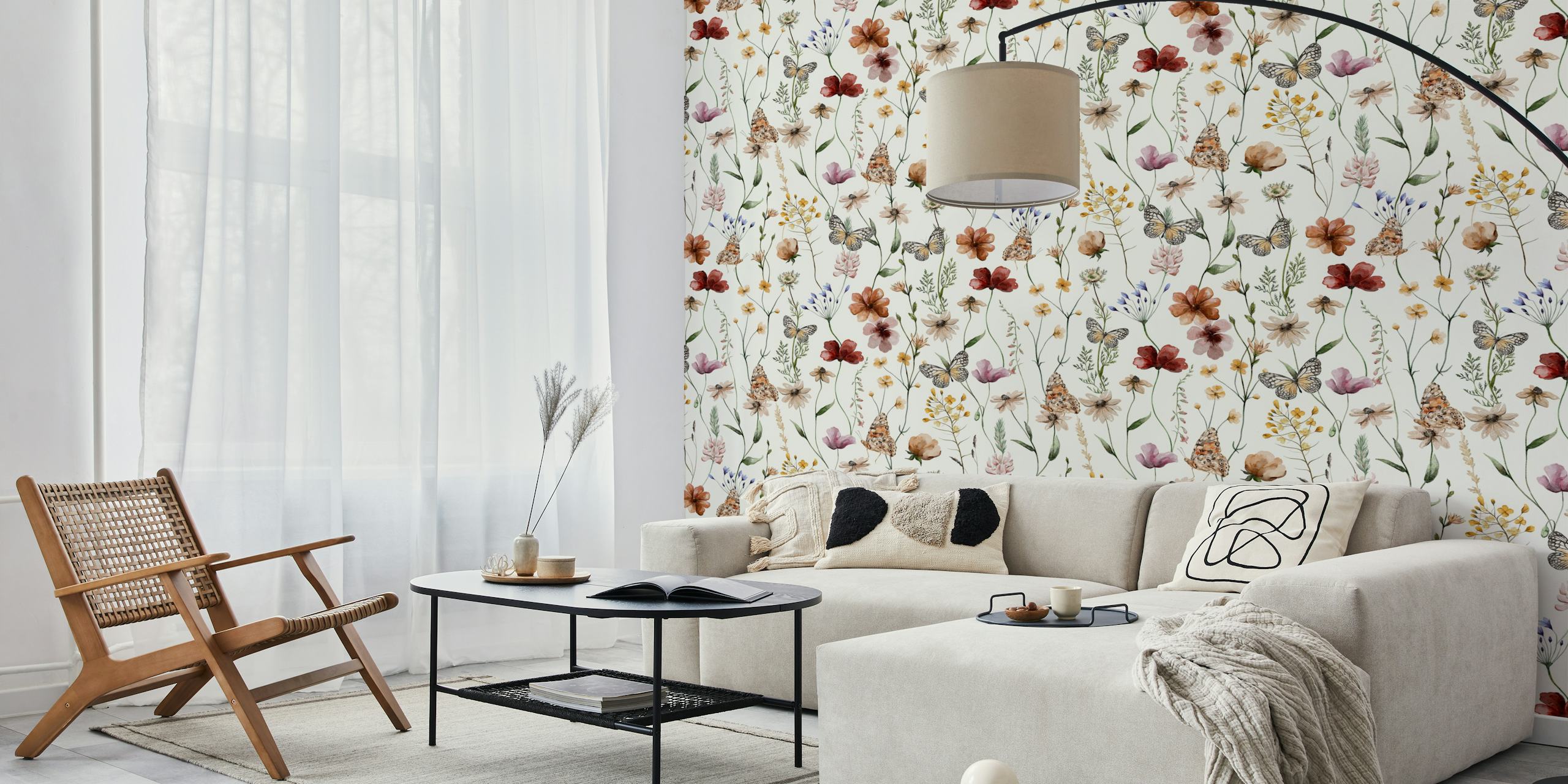 Floral wildflowers in pastel colors with butterflies wallpaper
