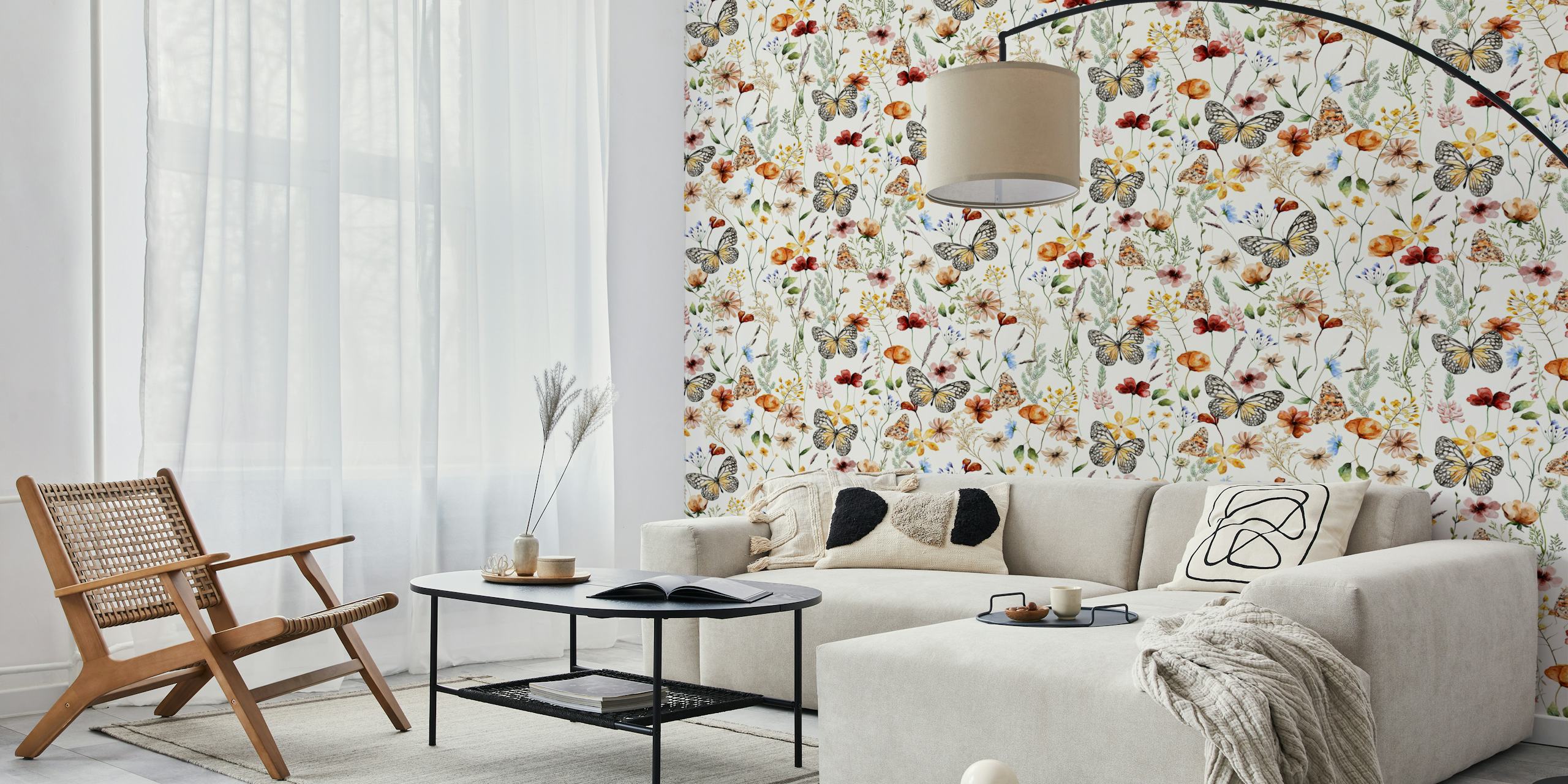 Dried wildflowers and butterflies wall mural design
