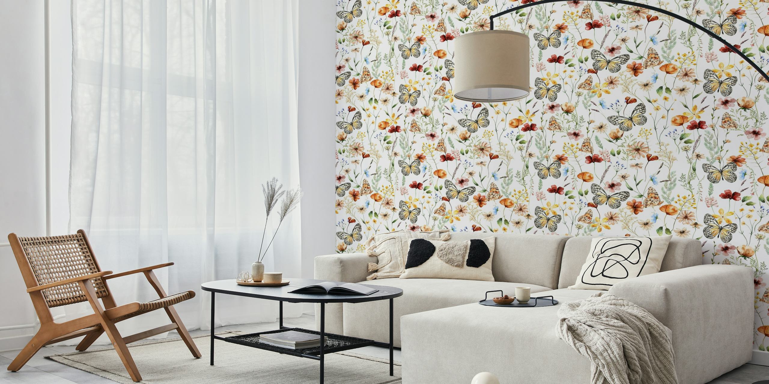 Dried wildflowers and butterflies wall mural design
