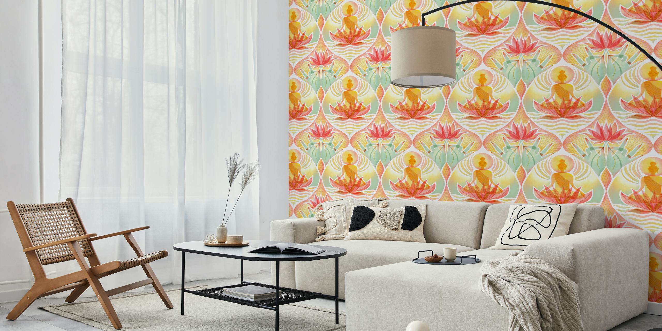 Meditating figure and lotus flower wall mural on a damask pattern background