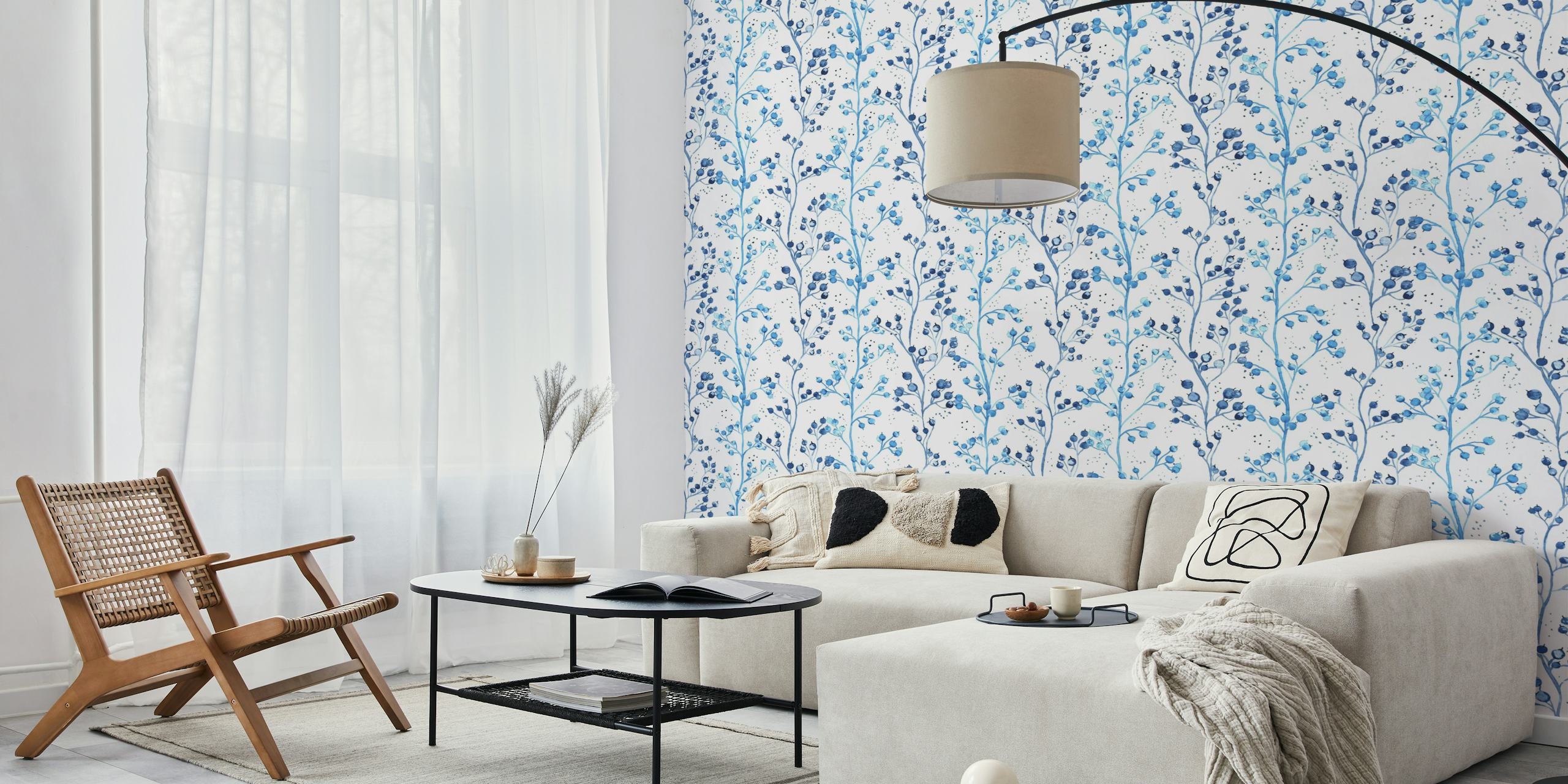 Blueberries branches on white background watercolor wallpaper