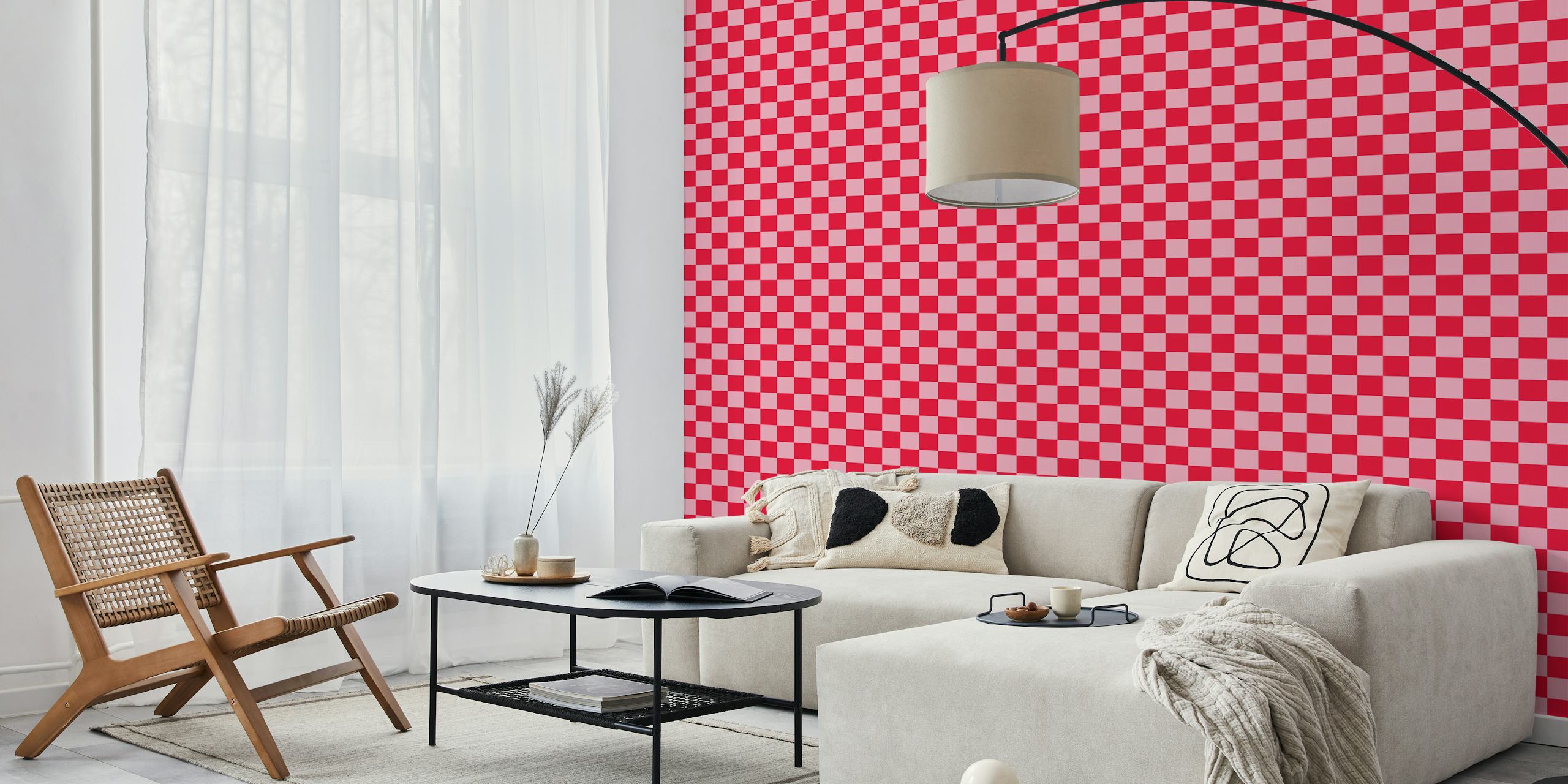 Checkerboard pink and red wallpaper in a room