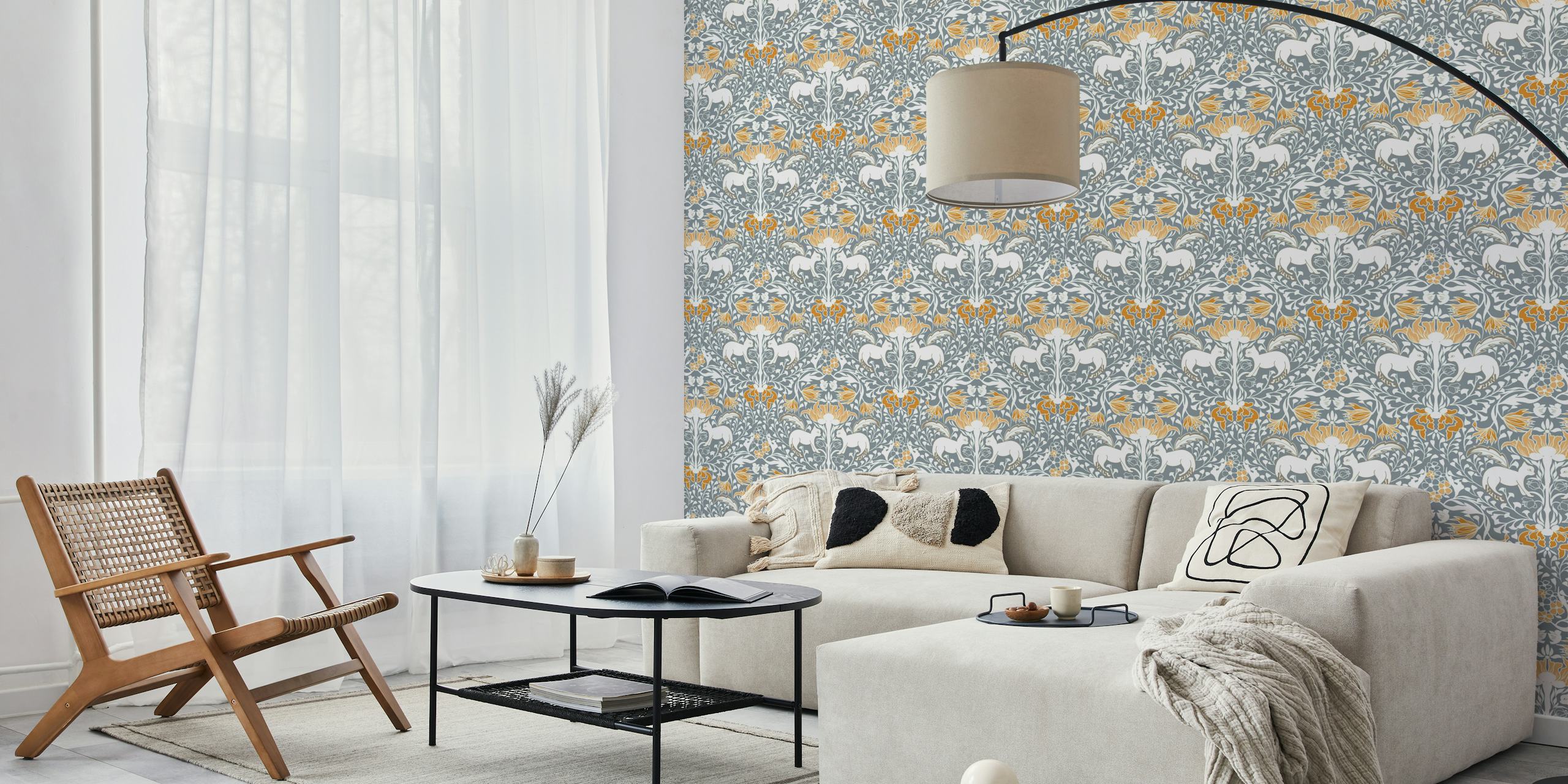 Künstlerisches Wandbild mit Katzen, versteckt zwischen Blättern und Blumen in dezenten Farben