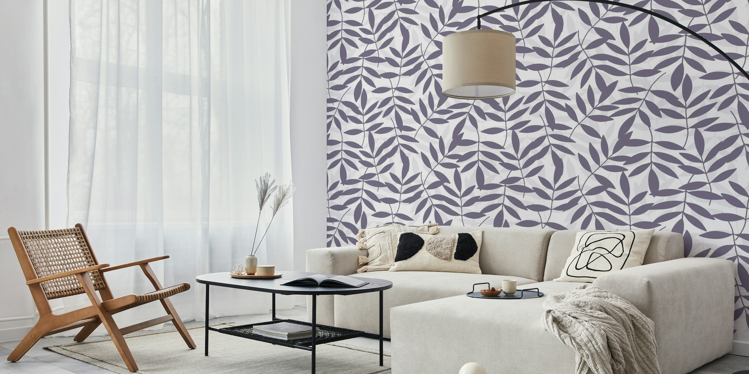 Purple leaves pattern wall mural on a grey background
