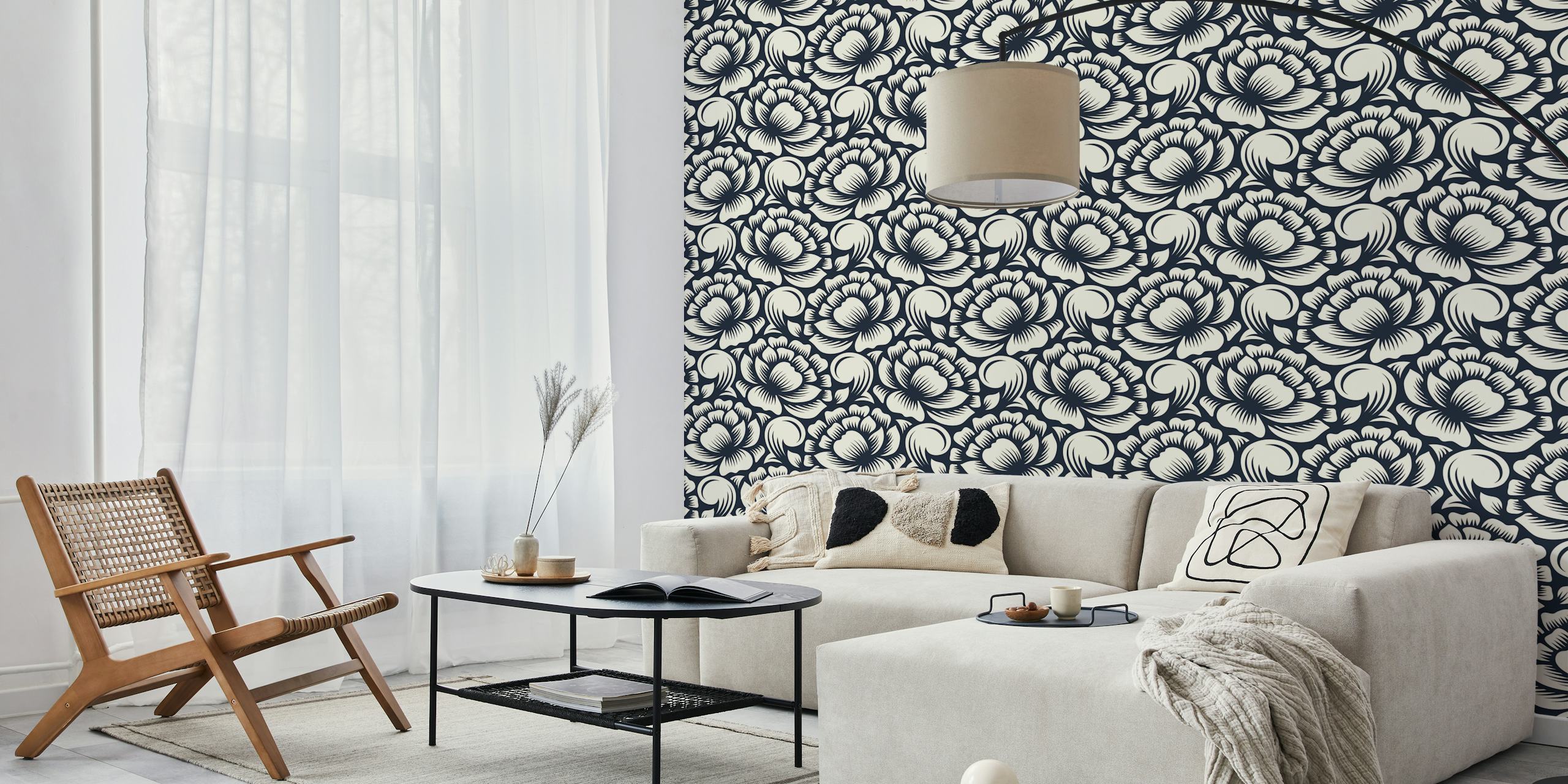 White peonies silhouettes wallpaper design
