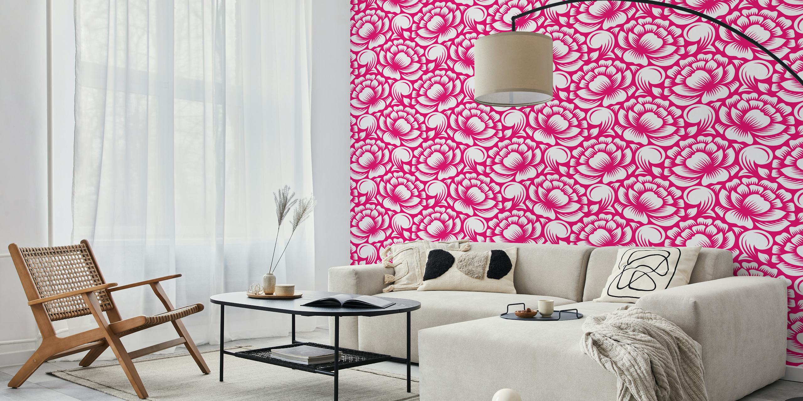 White peonies wallpaper on a pink background