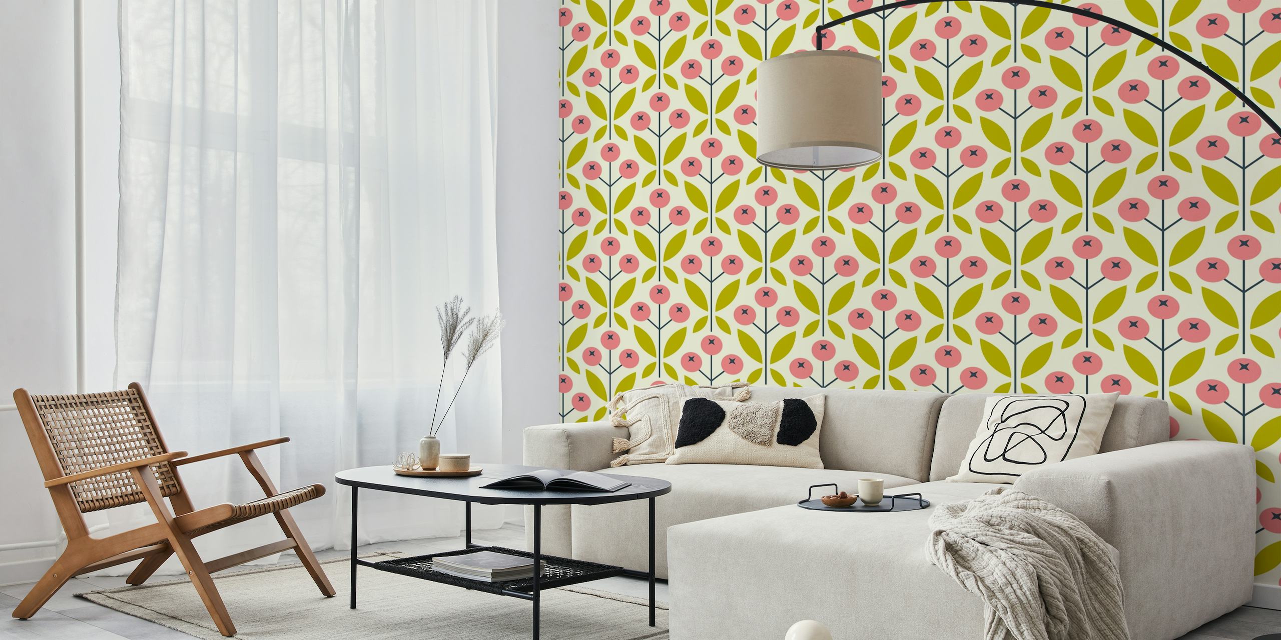 Geometriske lyserøde bær og grønne blade mønster på beige baggrundsvægmaleri