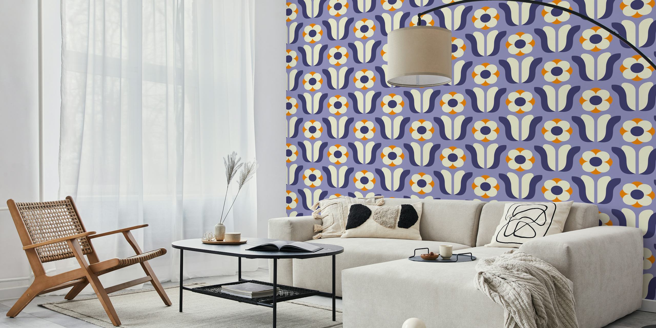 Retro floral design with purple and orange flowers wallpaper