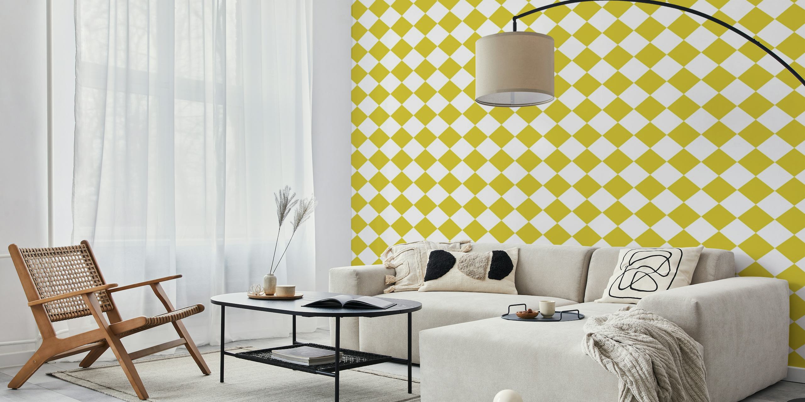Large yellow and white checkerboard pattern wall mural