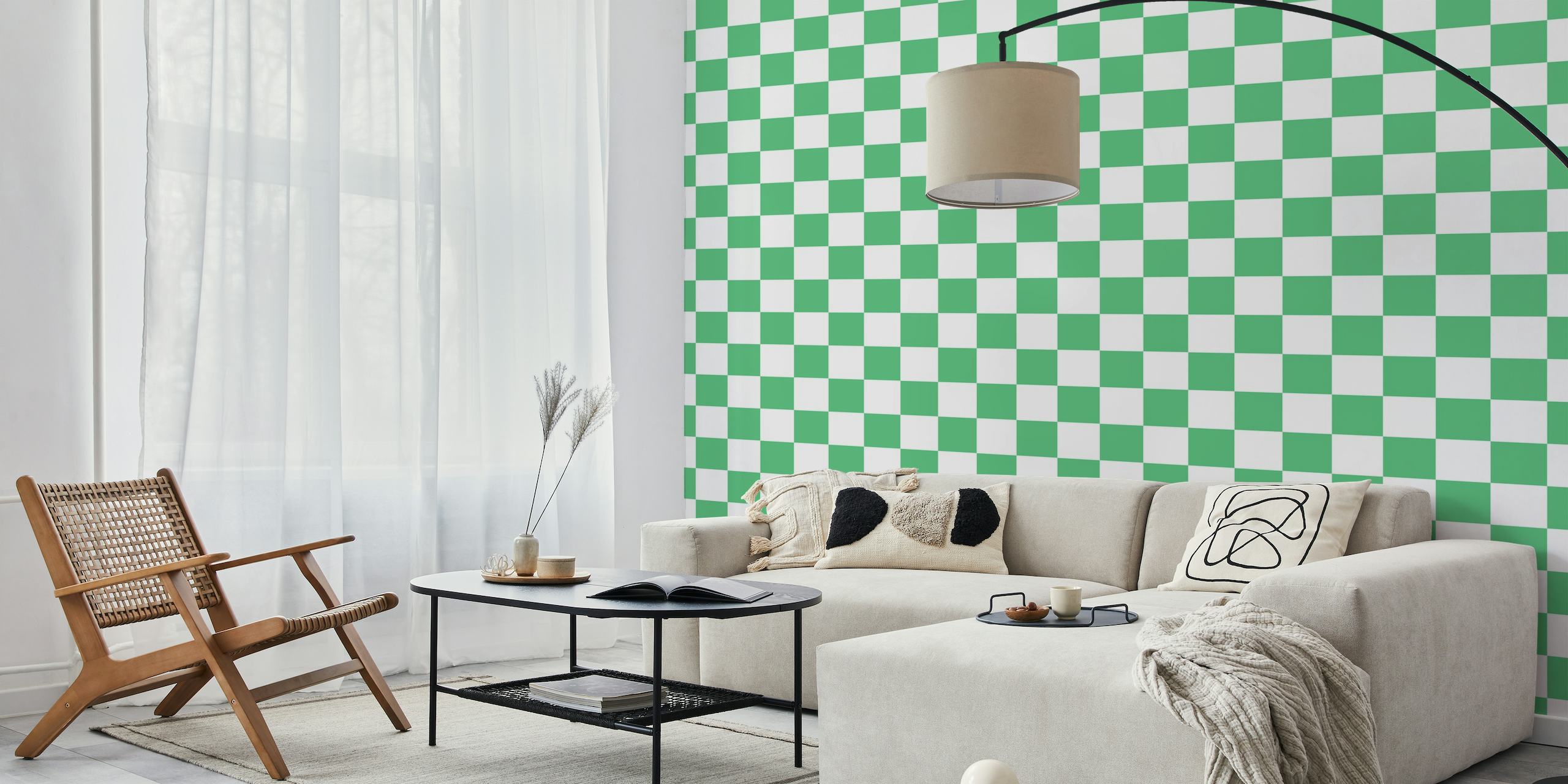 Large checkerboard pattern wall mural in mint green and white