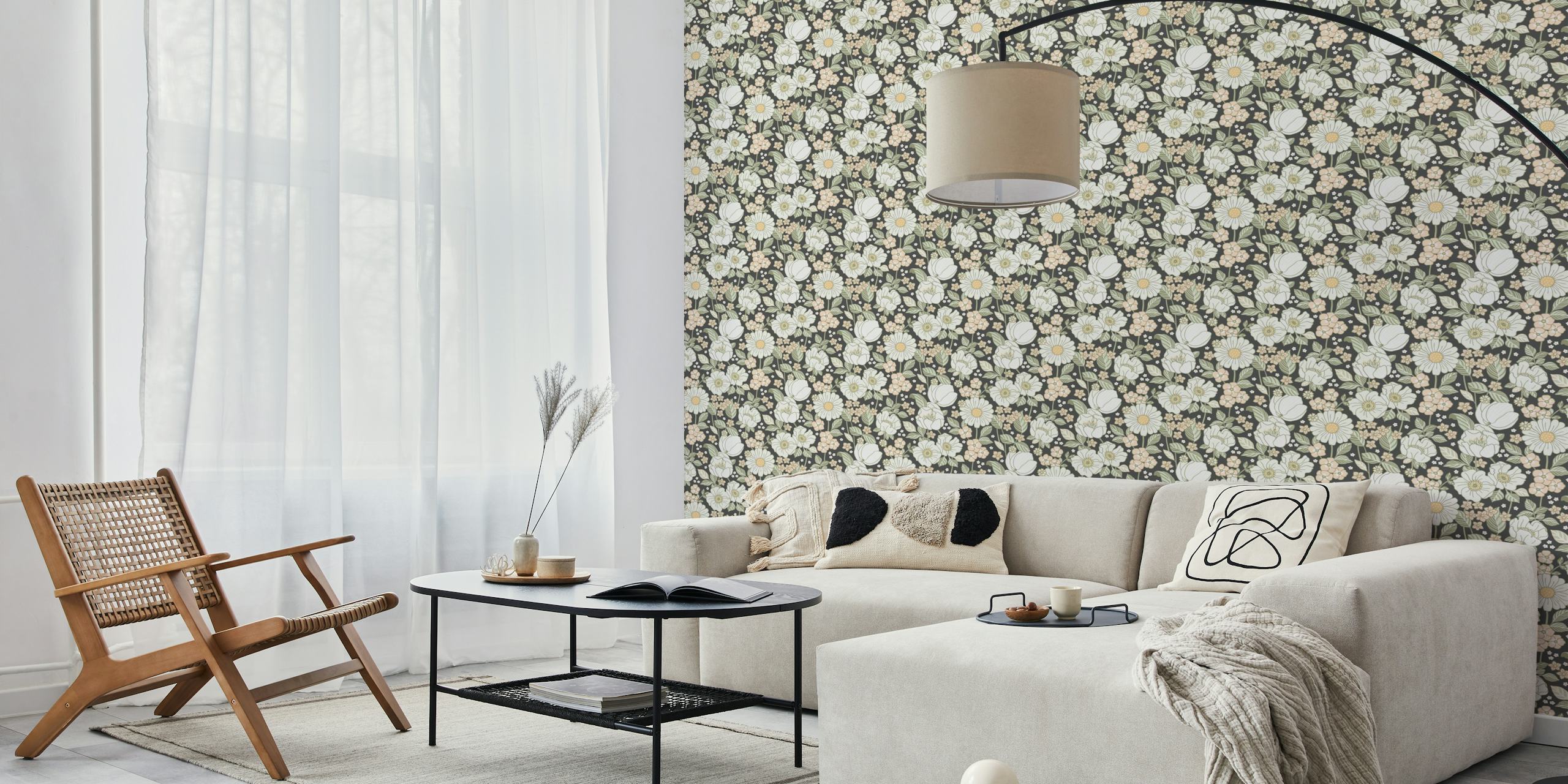 Garden Bloom Grey - Carta da parati media con fogliame grigio e fiori bianchi