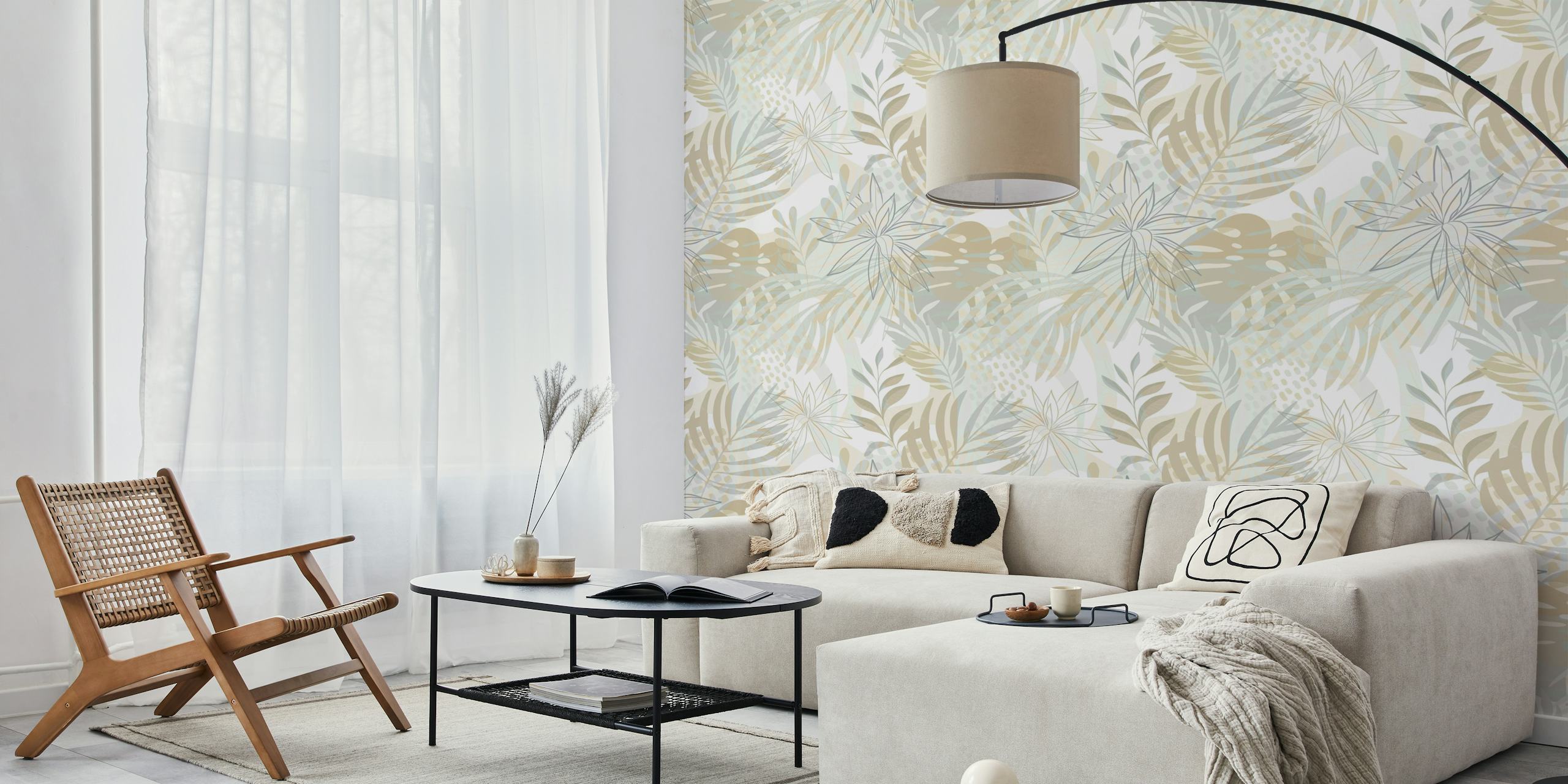 Soft green tropical floral wallpaper with leaf patterns