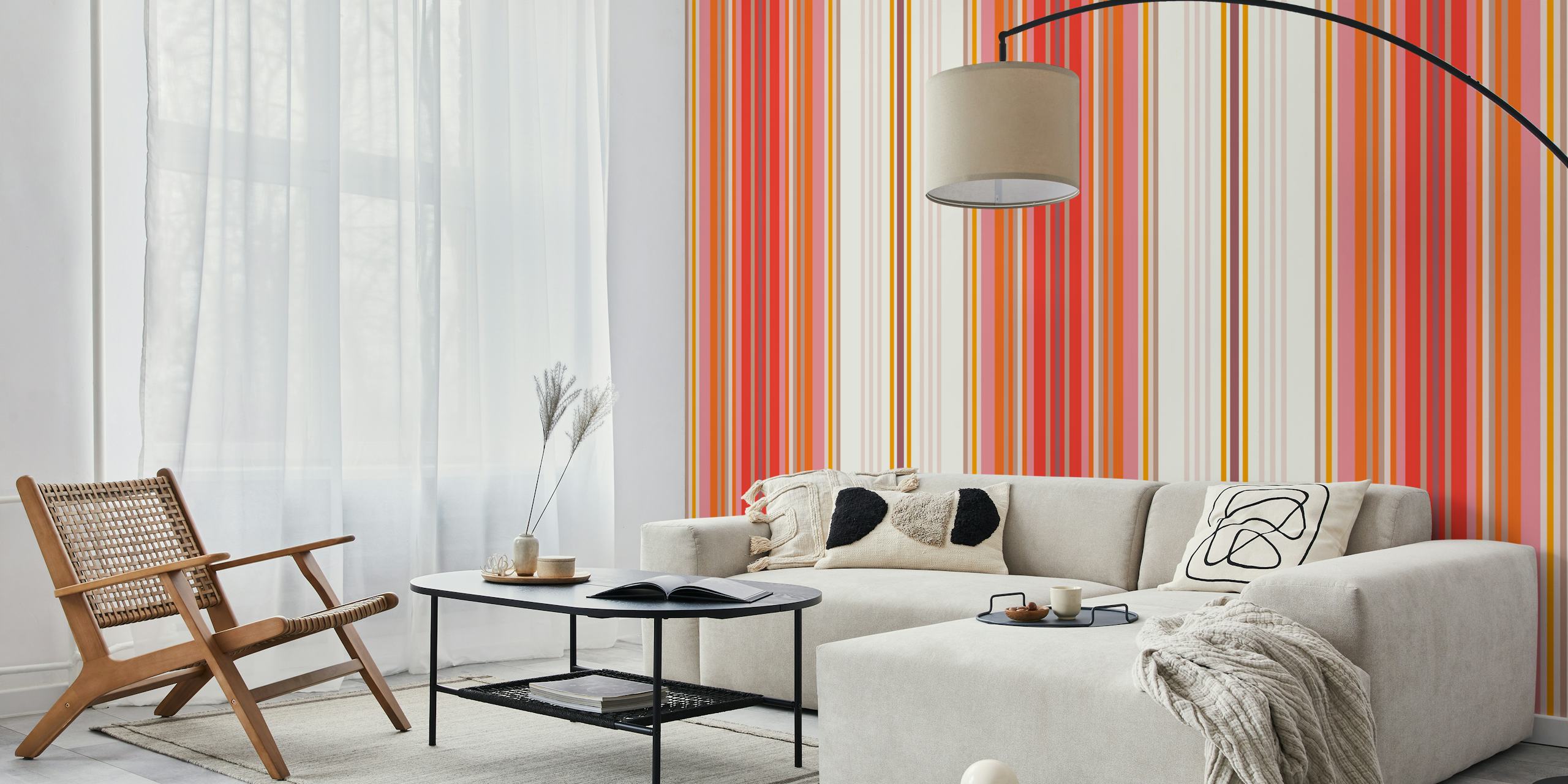 Red 70s striped wallpaper in a room