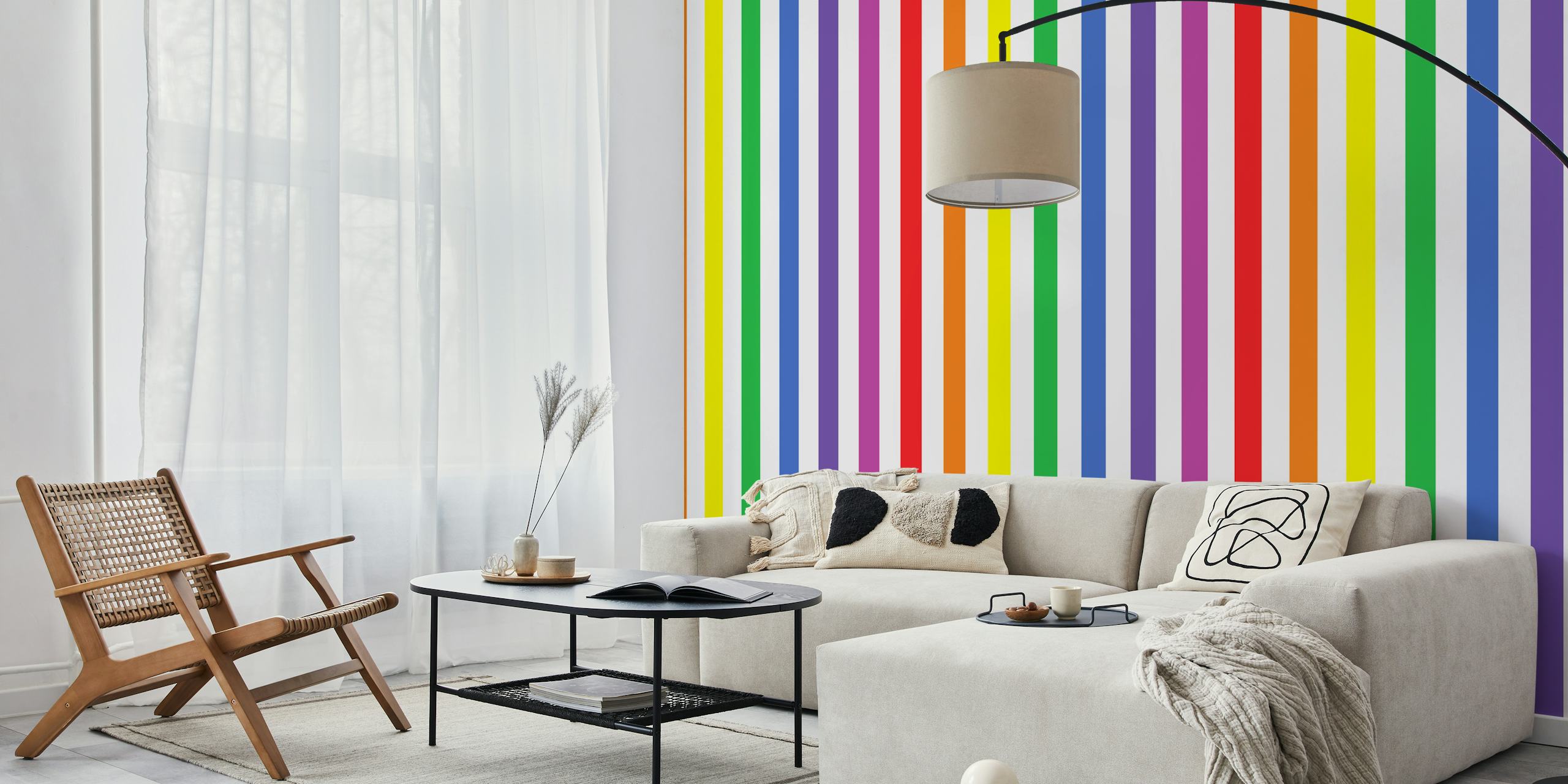 Colorful vertical stripes in red, orange, yellow, green, blue, and purple wallpaper