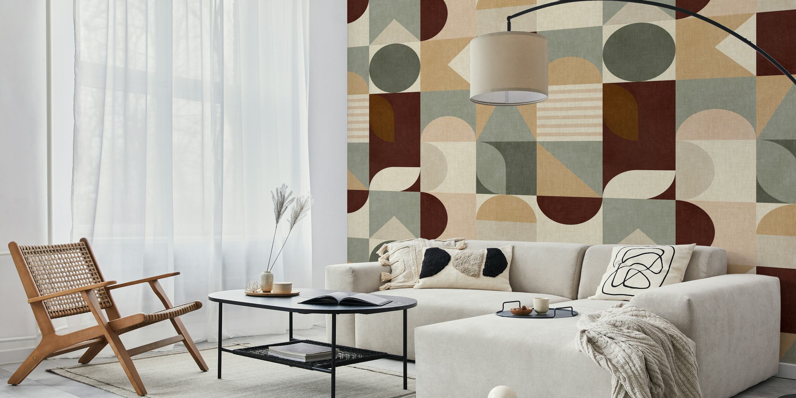 Mid century geometric nature color tapetti huoneessa