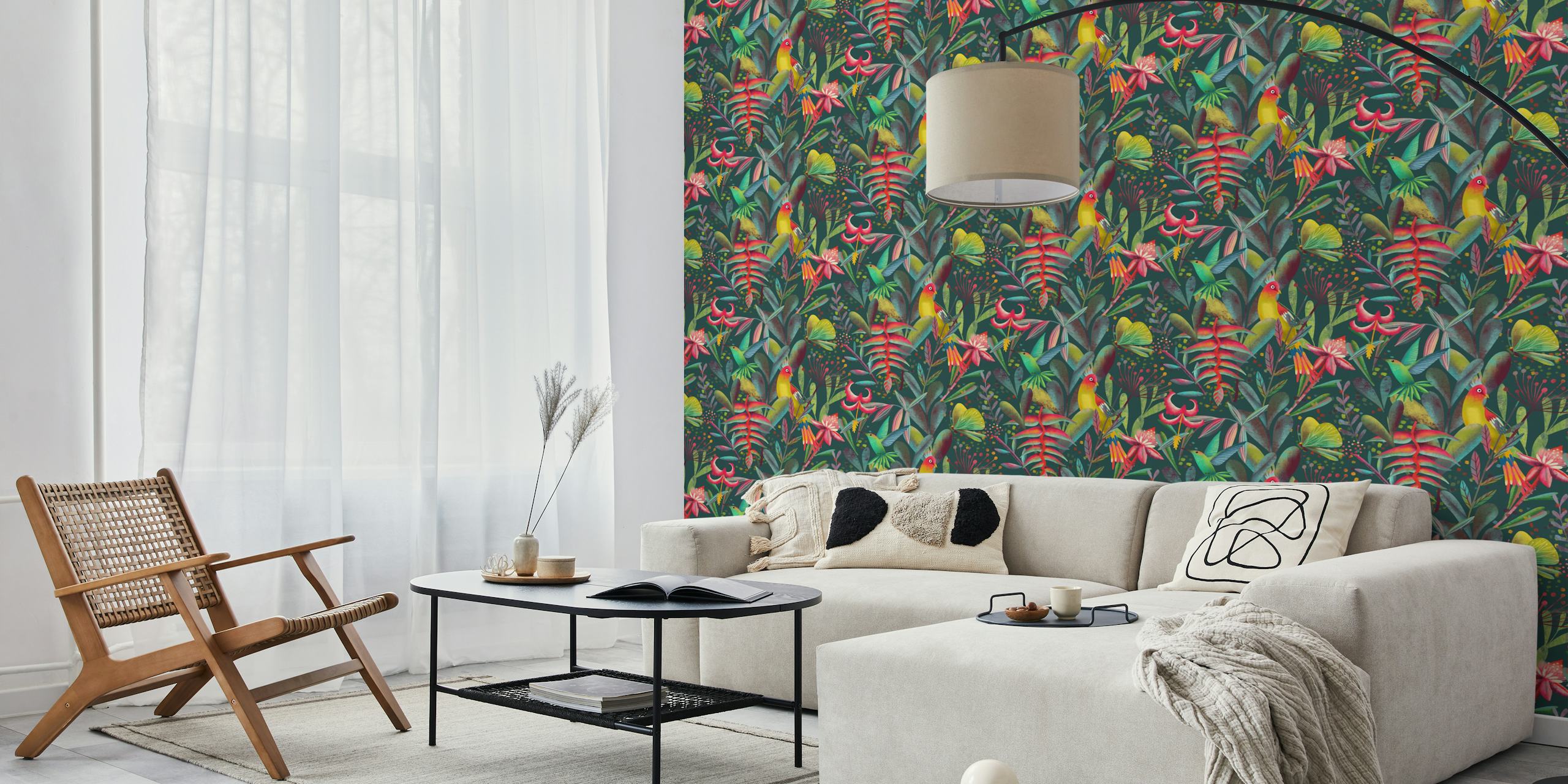 Vibrant jungle floral pattern with colorful birds and flowers wallpaper