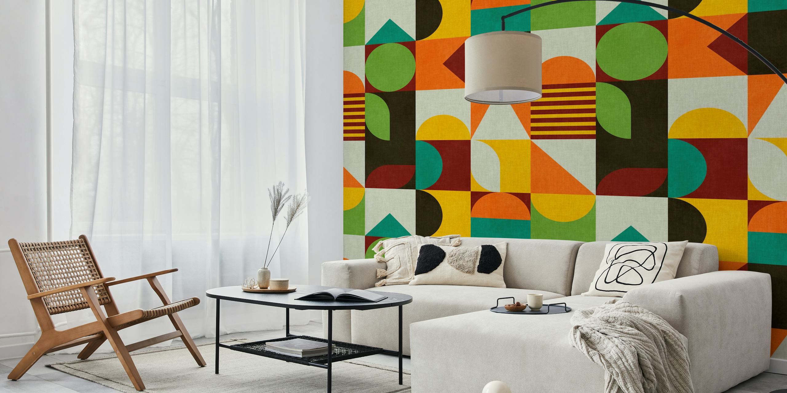 Carta da parati Bauhaus geometrica boho in una stanza