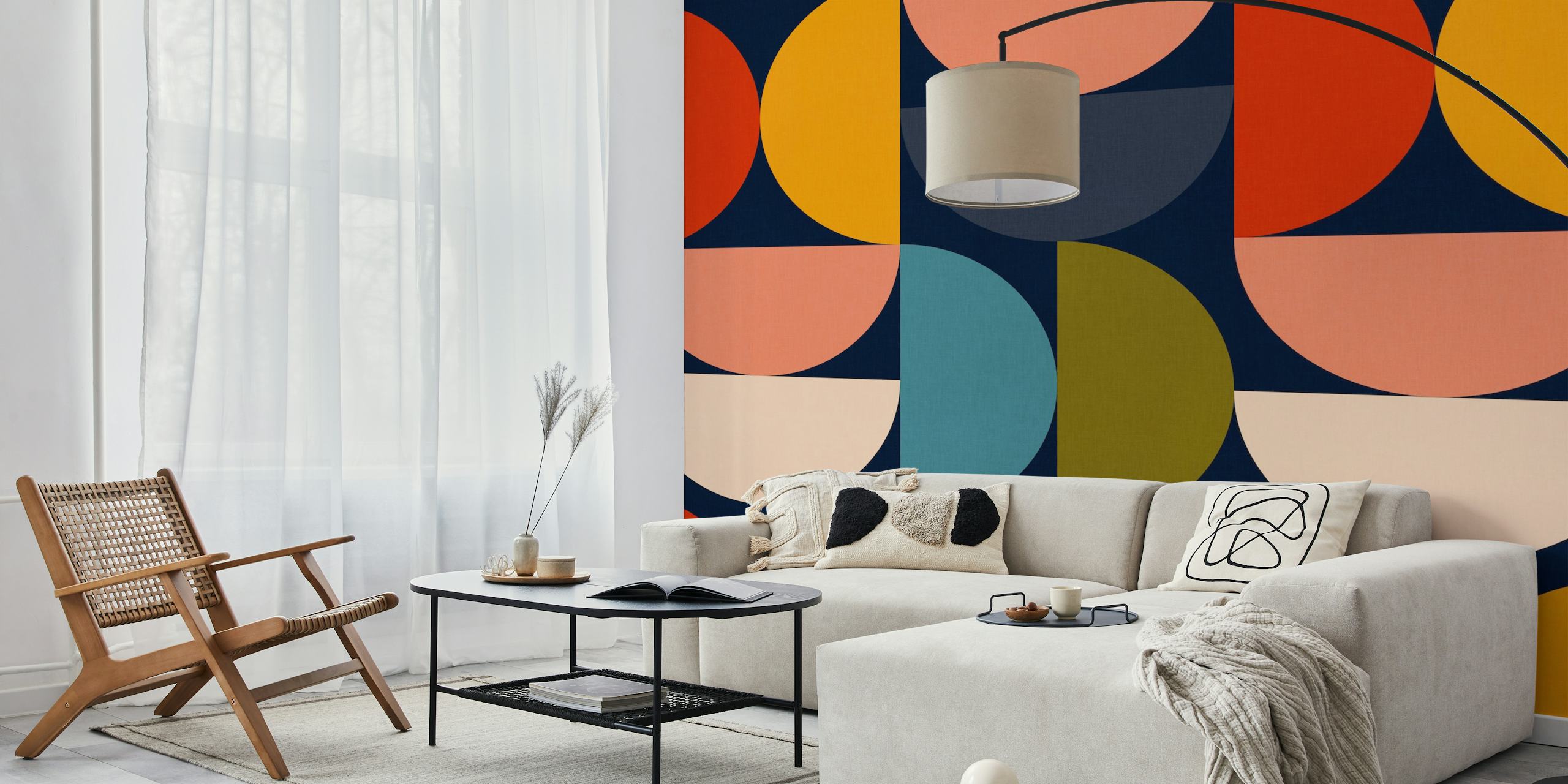 Bauhaus-inspired geometric shapes wall mural with a mid-century color scheme