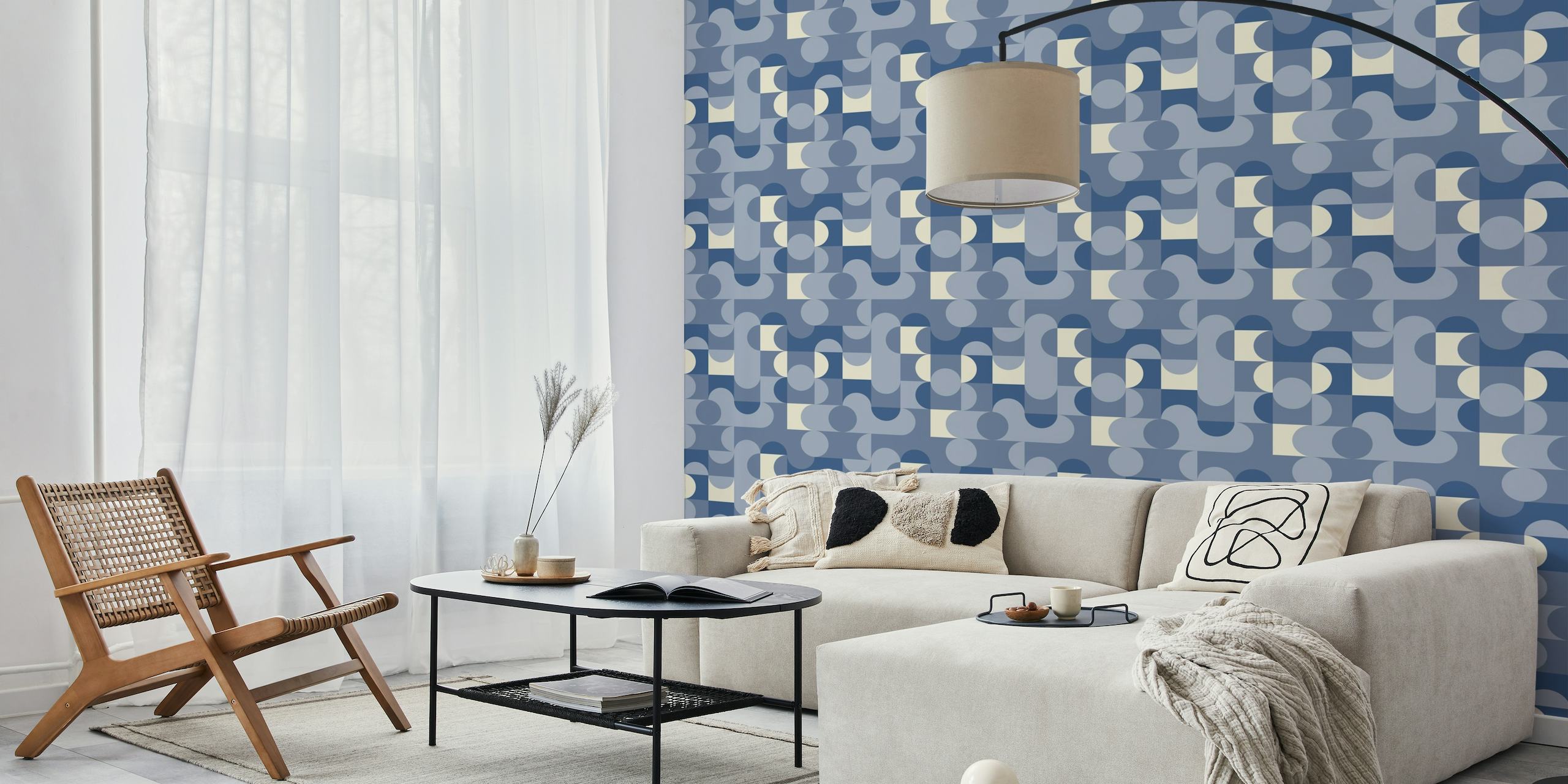 Retro Shapes Pattern Blue Beige wallpaper