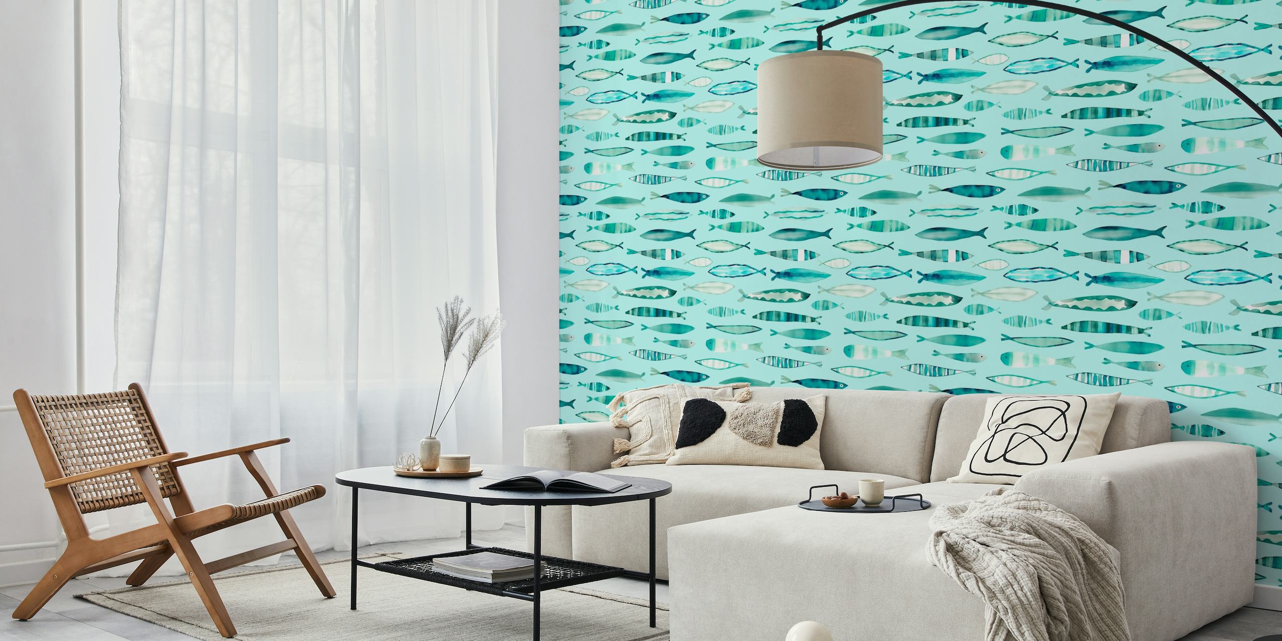 Teal and blue watercolor fish pattern wall mural