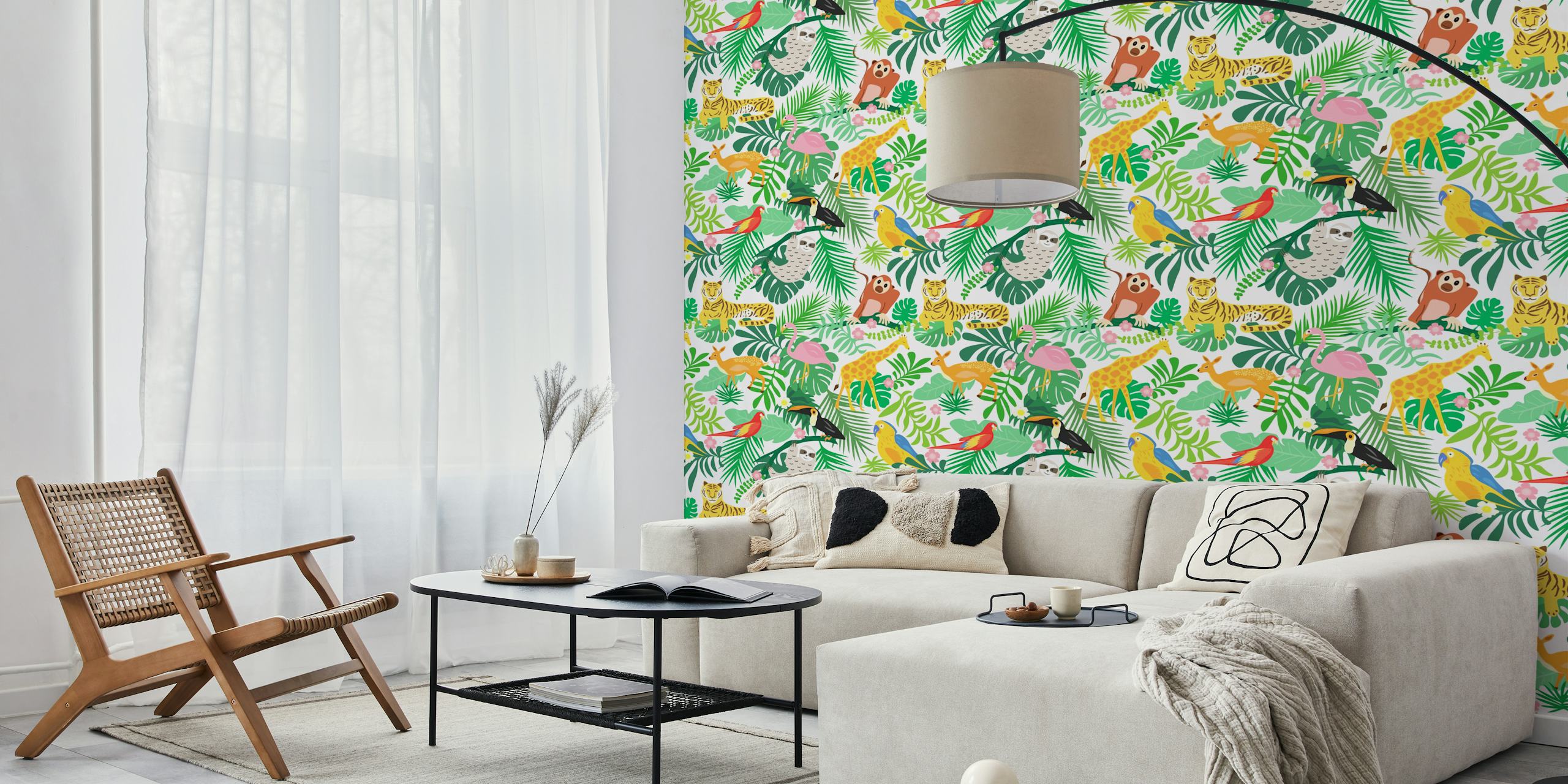 Colorful jungle animals on green foliage wallpaper