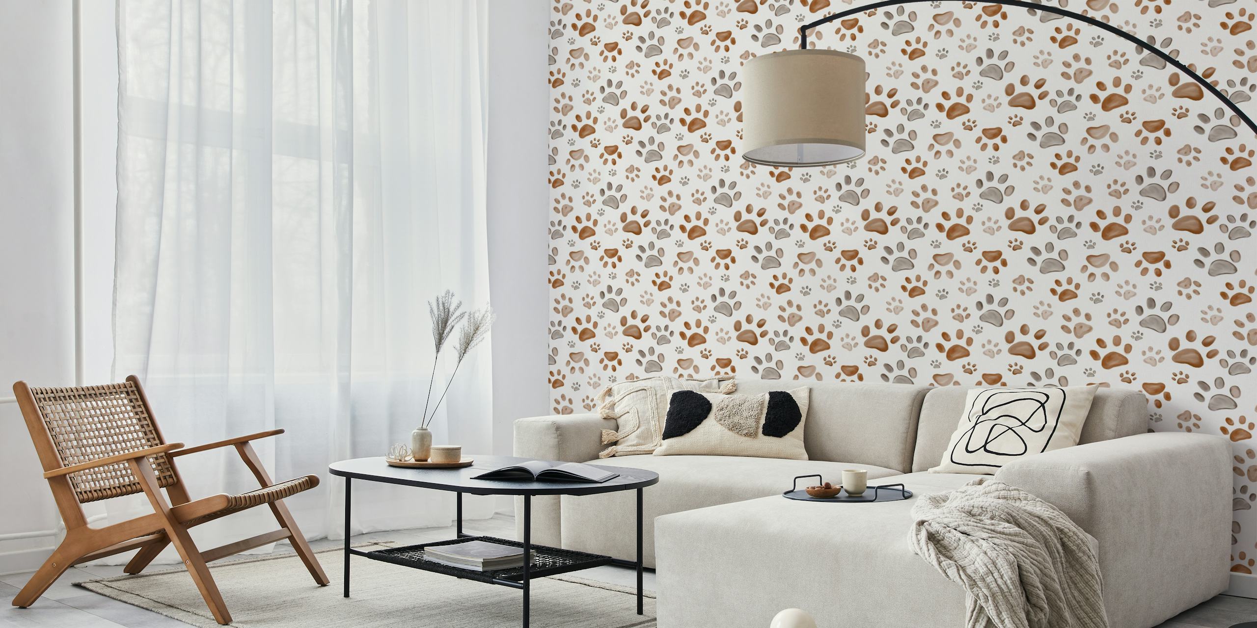 Brown watercolor paw prints wallpaper in a room