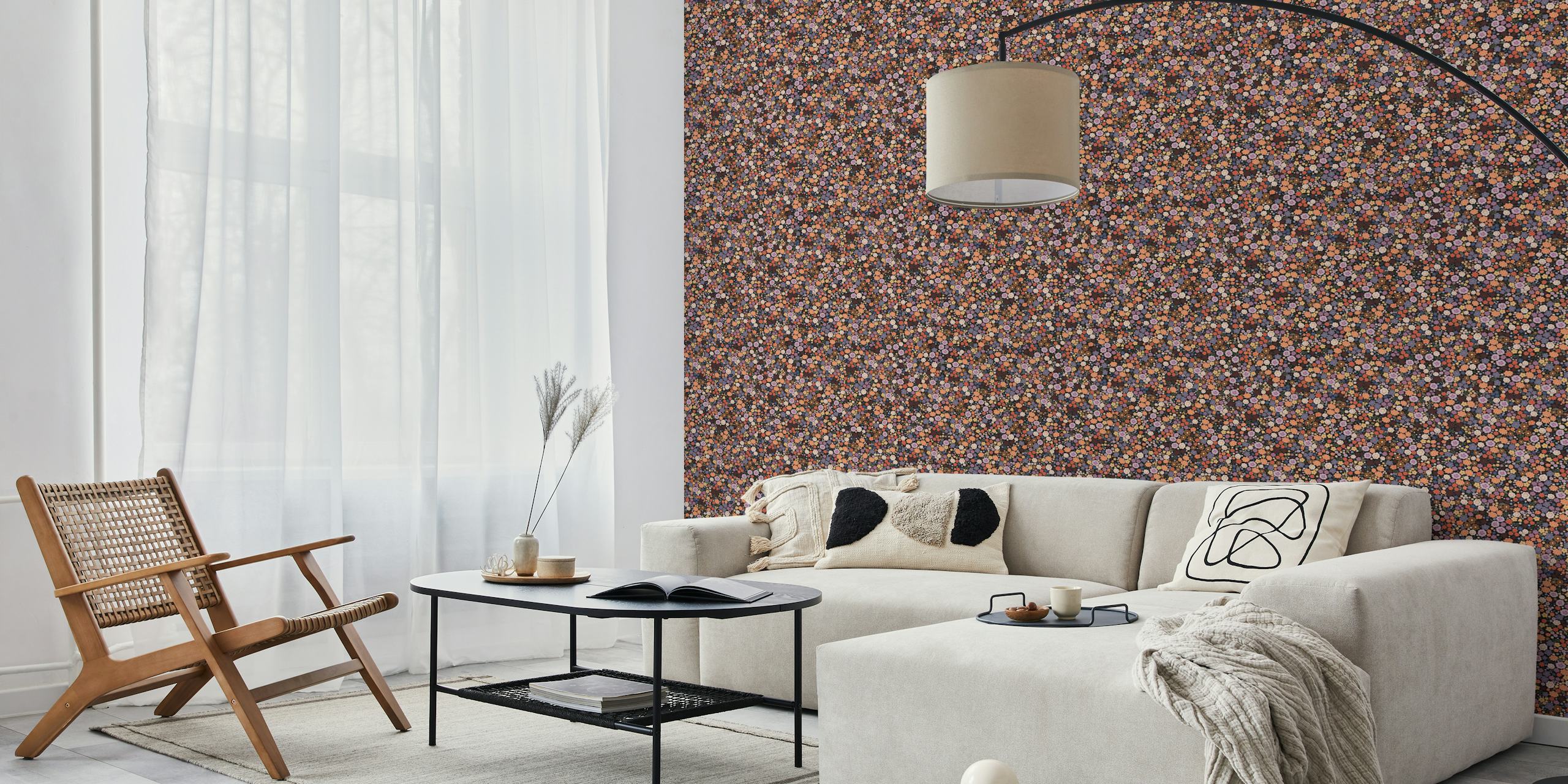 Um mural de parede elegante com padrão floral e um denso arranjo de pequenas flores multicoloridas.