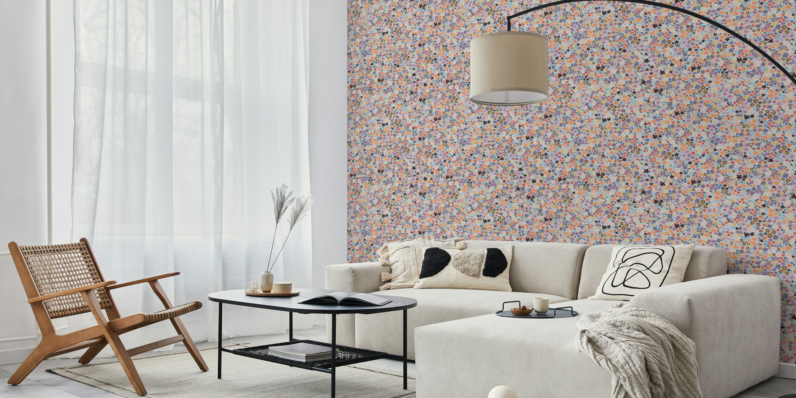 Colorful floral pattern in pink, orange, purple on blue wallpaper