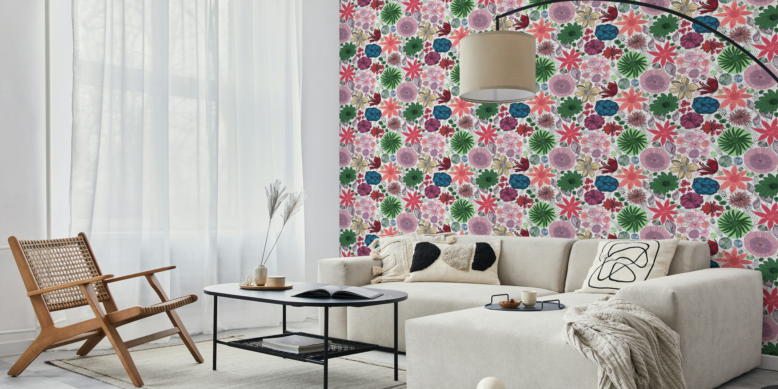 Colorful floral patterns with pink, green, and purple shapes wallpaper