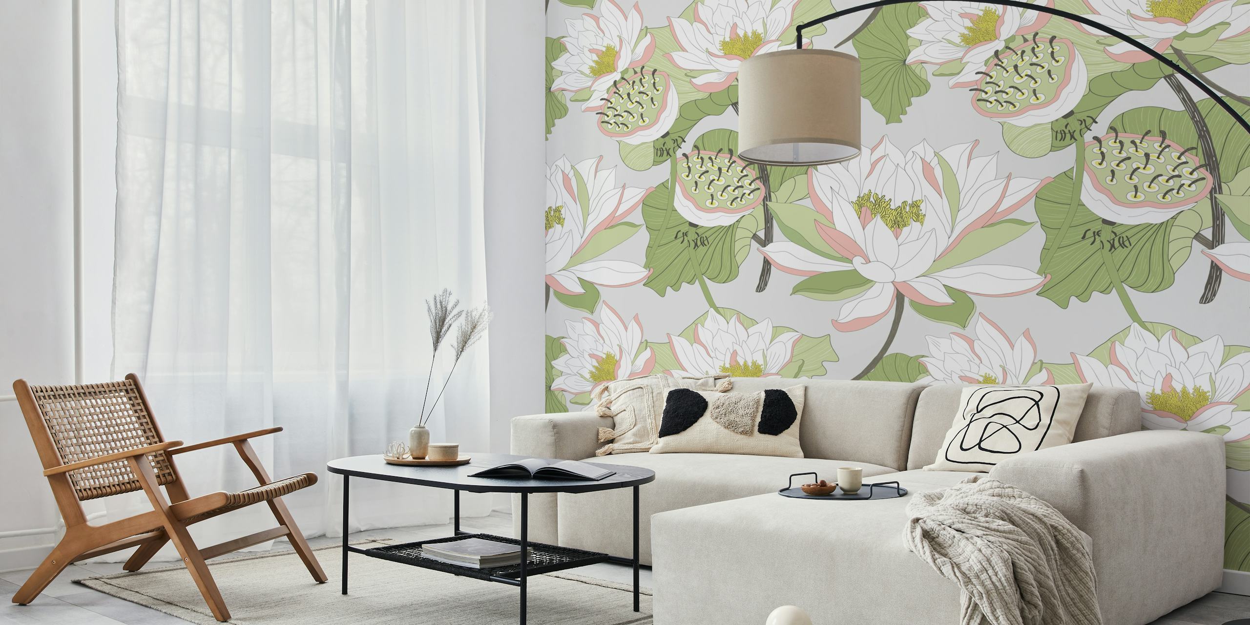 Elegant water lilies wall mural with a soft, muted color palette