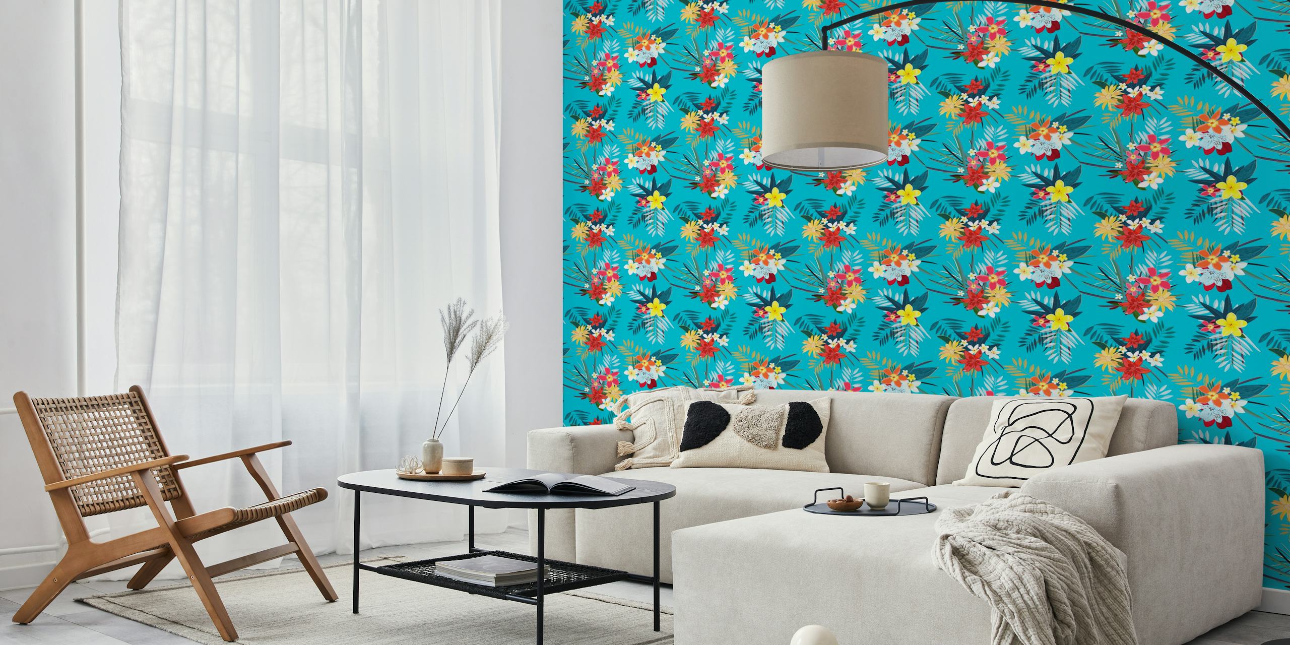 Papel de parede floral Frangipani e lily em um quarto