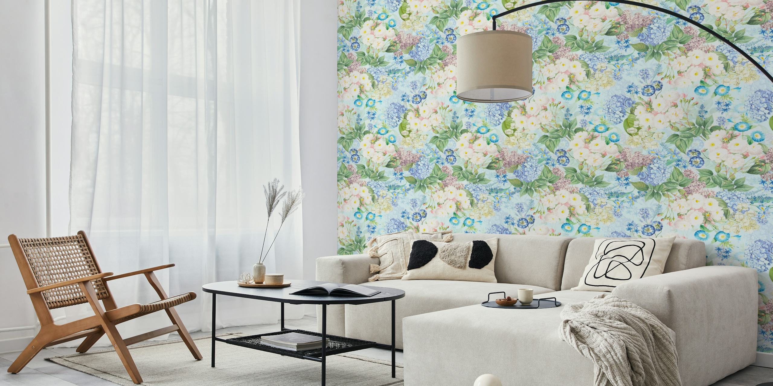 Blue vintage rose garden wall mural with blooming flowers and lush greenery