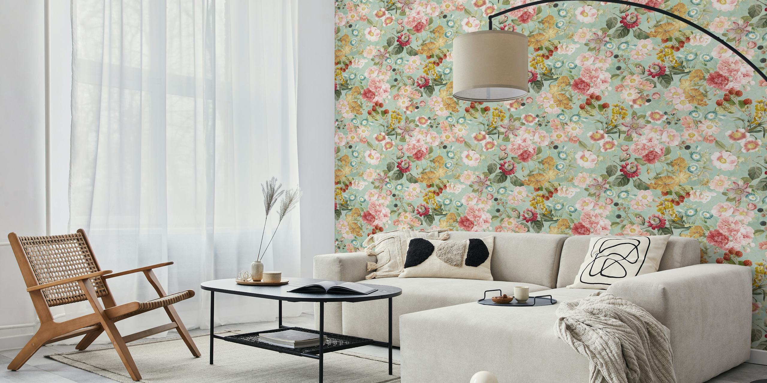 Floral pattern with pink and teal blooms on light background wallpaper