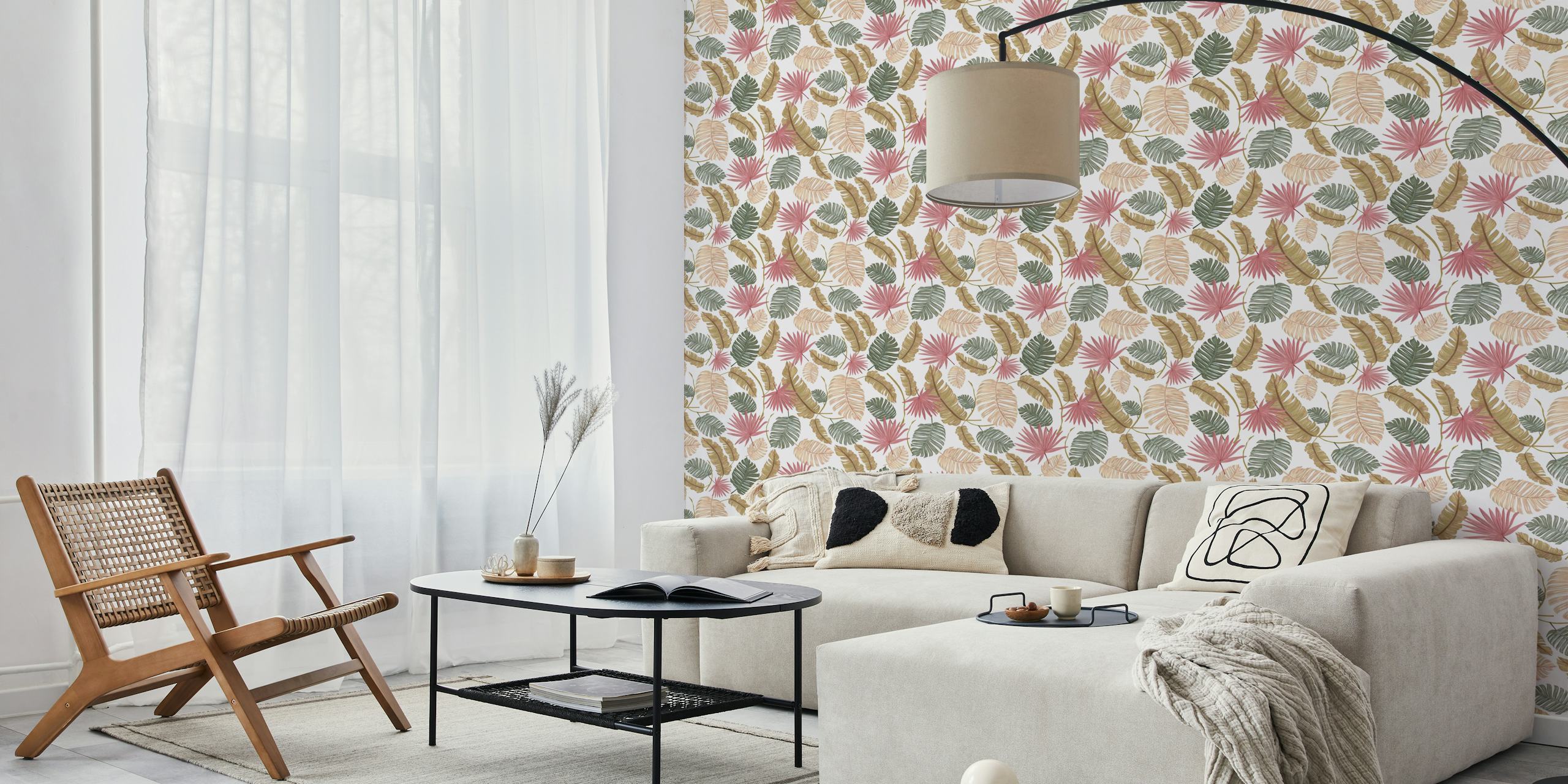 Hand-drawn leaves in pastel colors including pink, green, and tan wallpaper