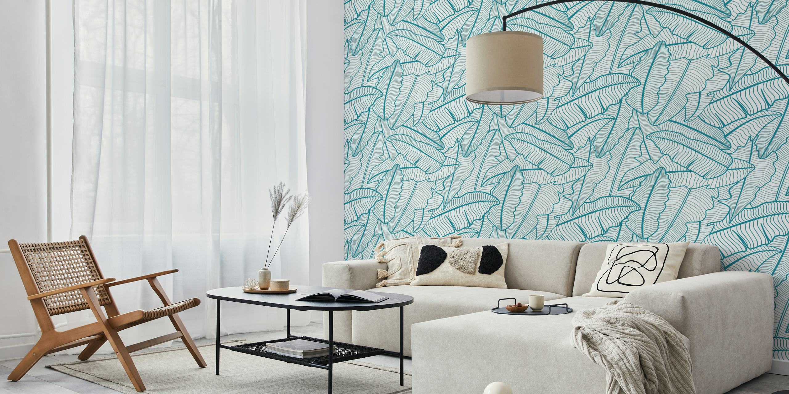Blue Lagoon Banana Leaves Line Art wallpaper