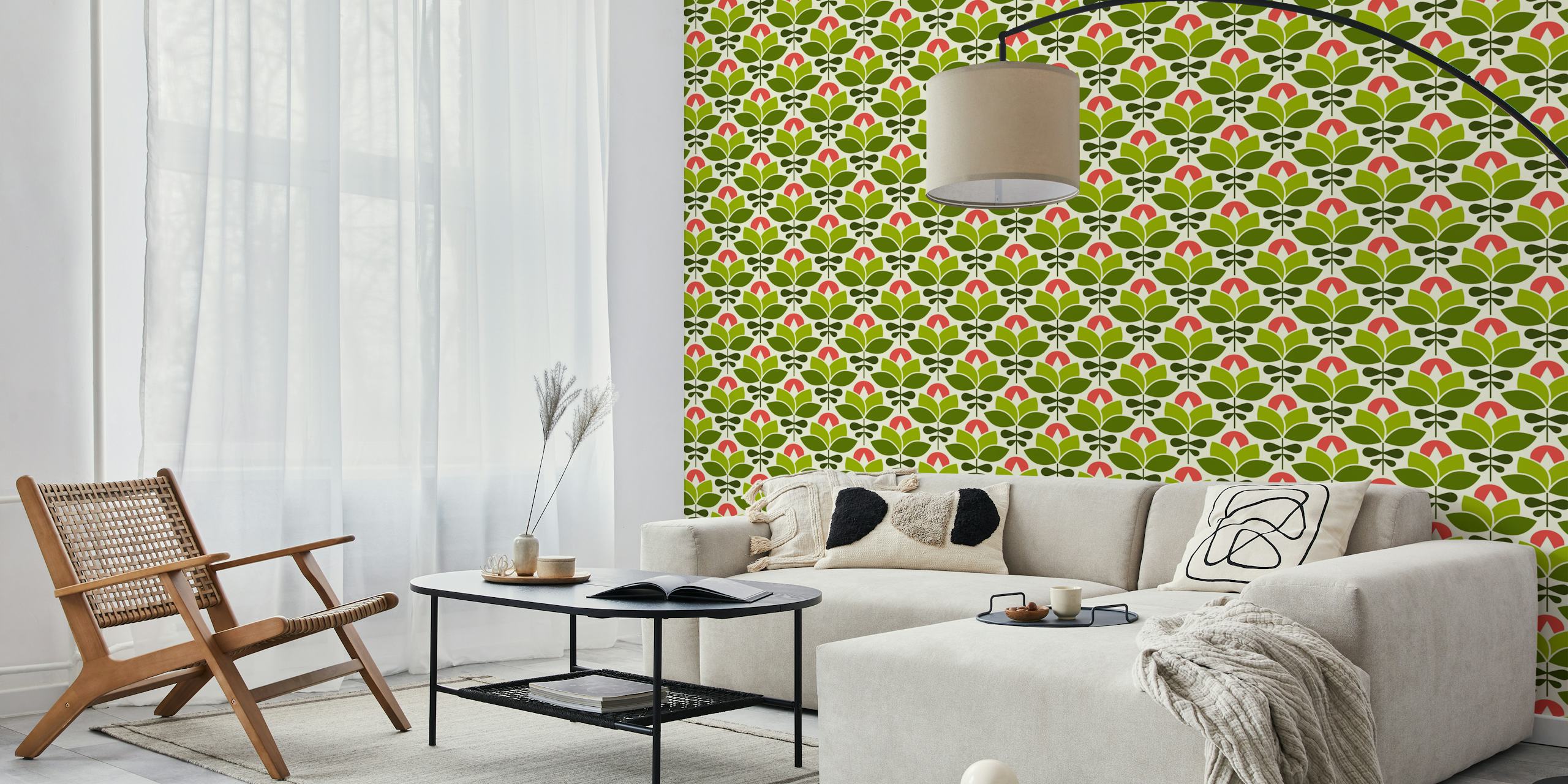 Modern Retro Flowers Wall Mural with Green and Red Design