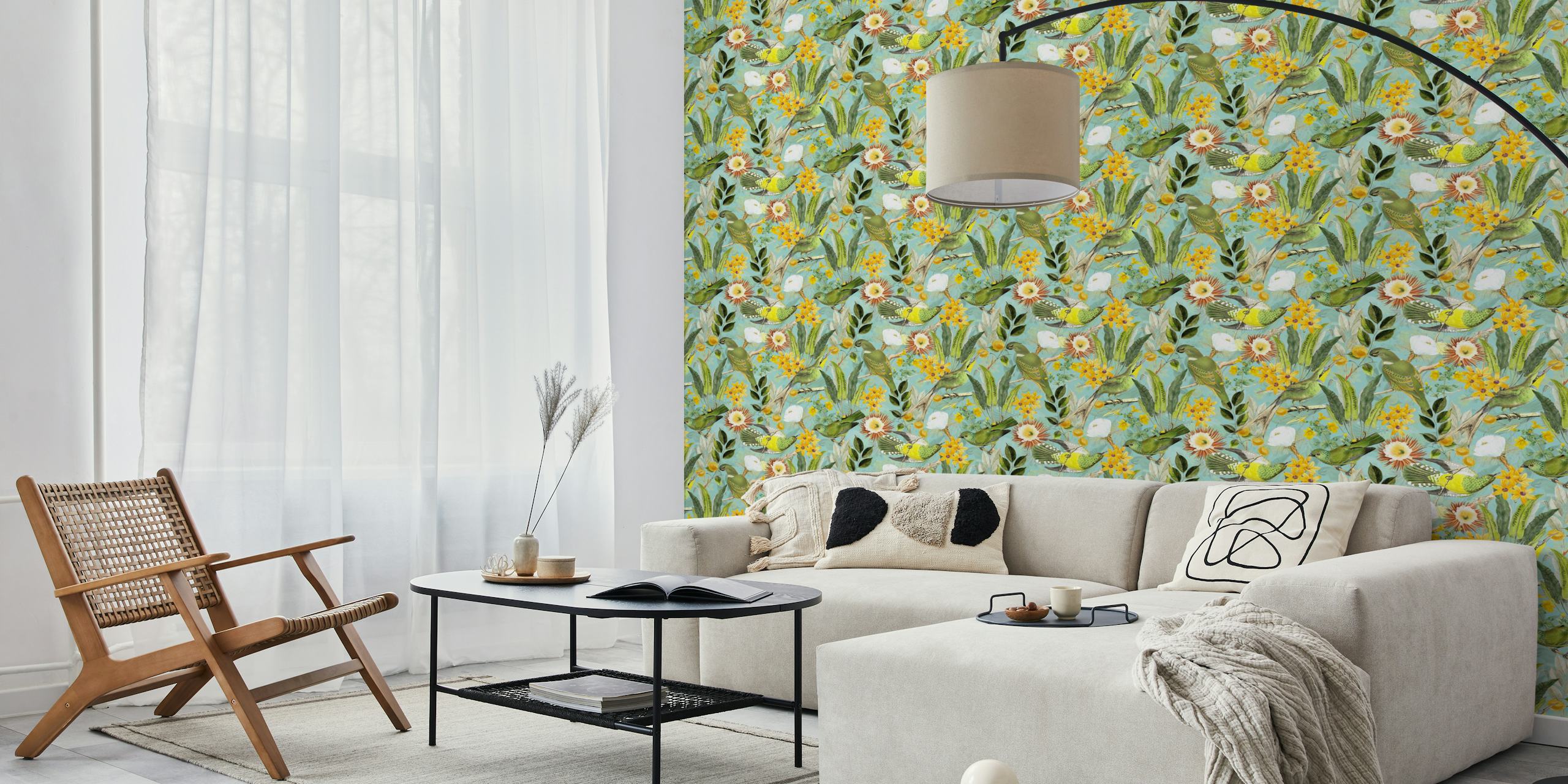 Tropical birds and flowers in green, yellow, and blue wallpaper