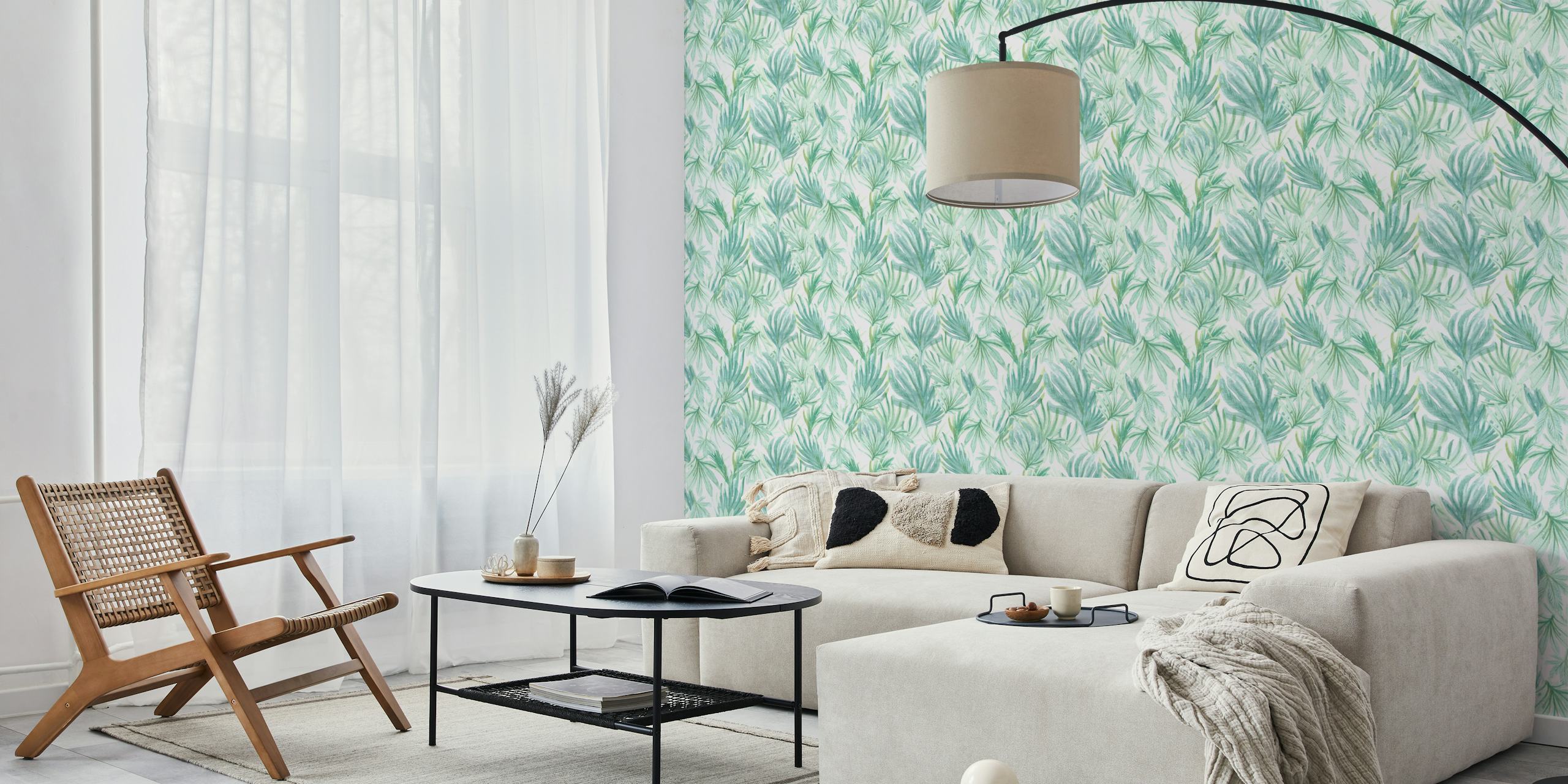Watercolour jungle leaves mural with soft green tones
