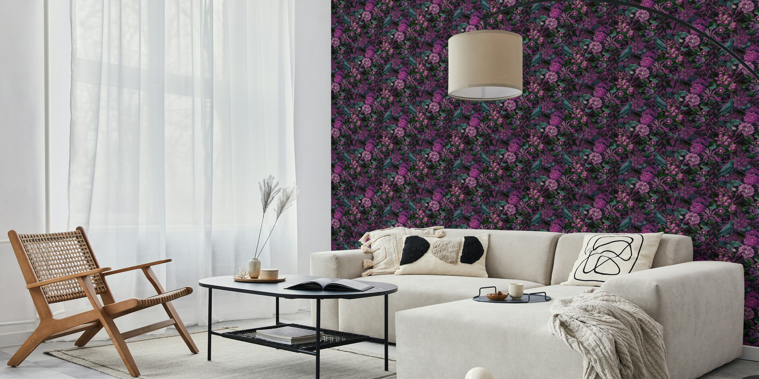 Tropical floral design with teal birds and purple flowers wallpaper