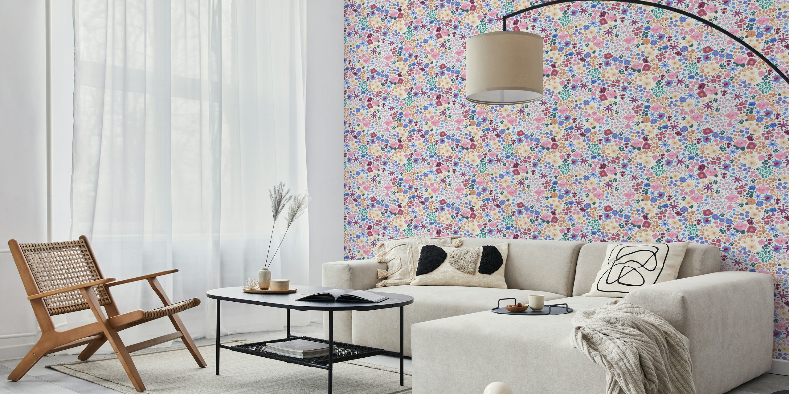 Ditsy Colorful White floral wall mural with a variety of small flowers in pastel shades