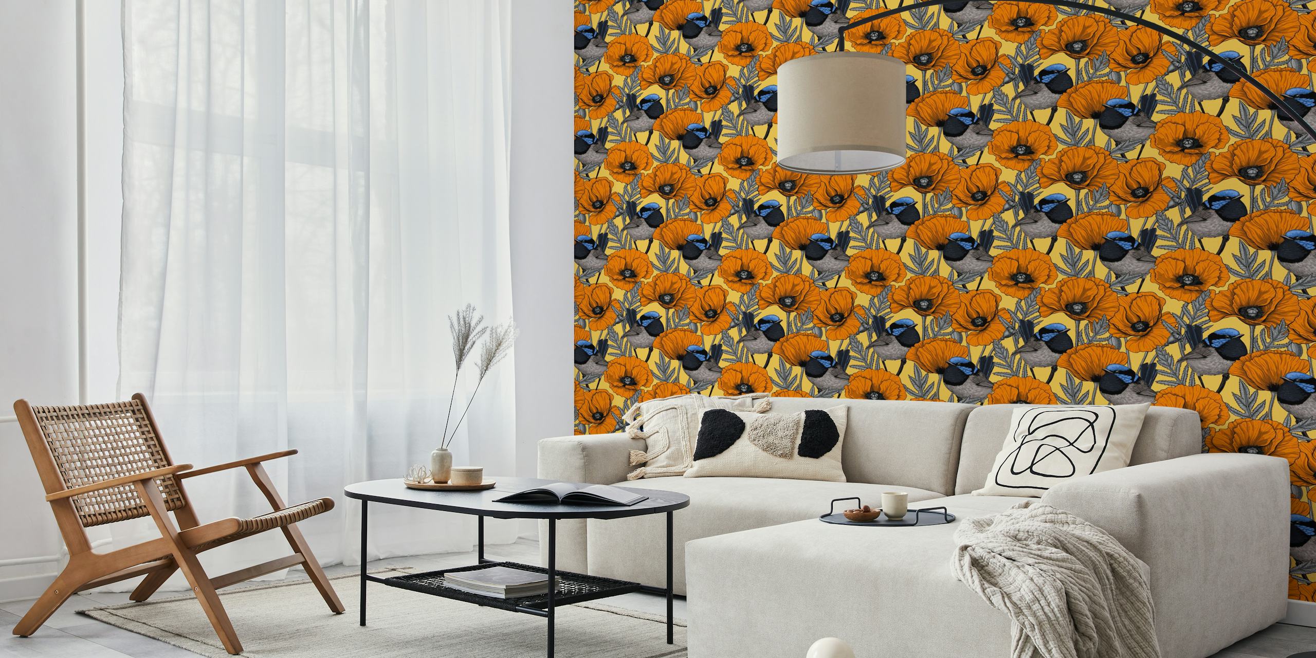 Orange poppies and fairy wrens on pastel yellow wallpaper