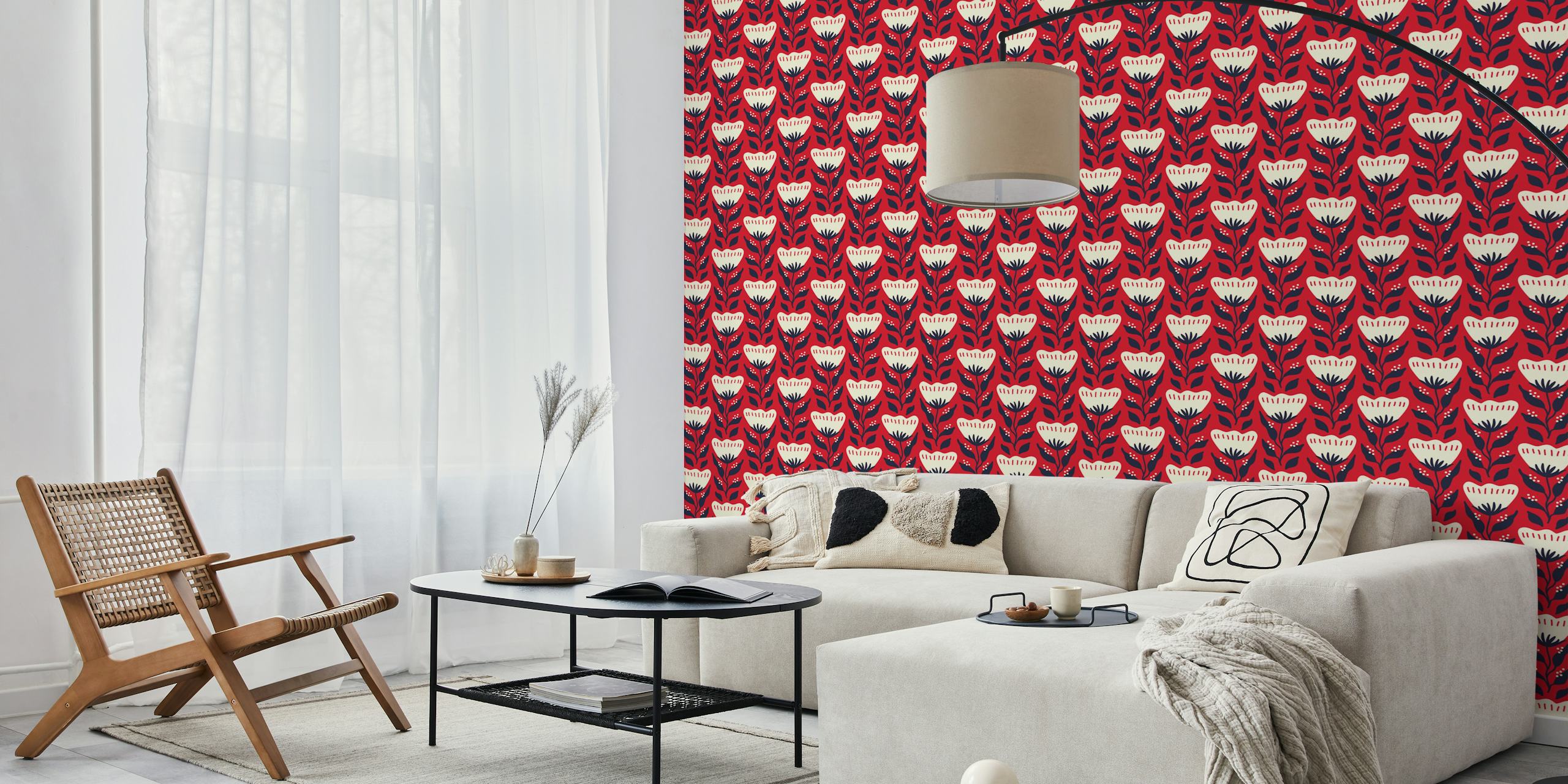 Folk flower pattern with red background and cream flowers wallpaper