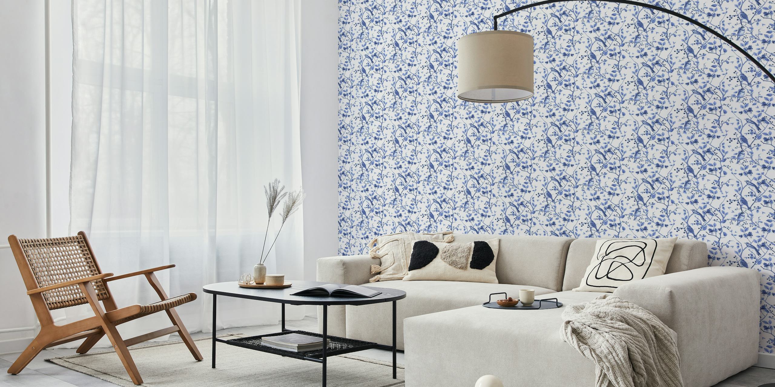 Nordic Chinoiserie wallpaper with blue birds and foliage on a white background