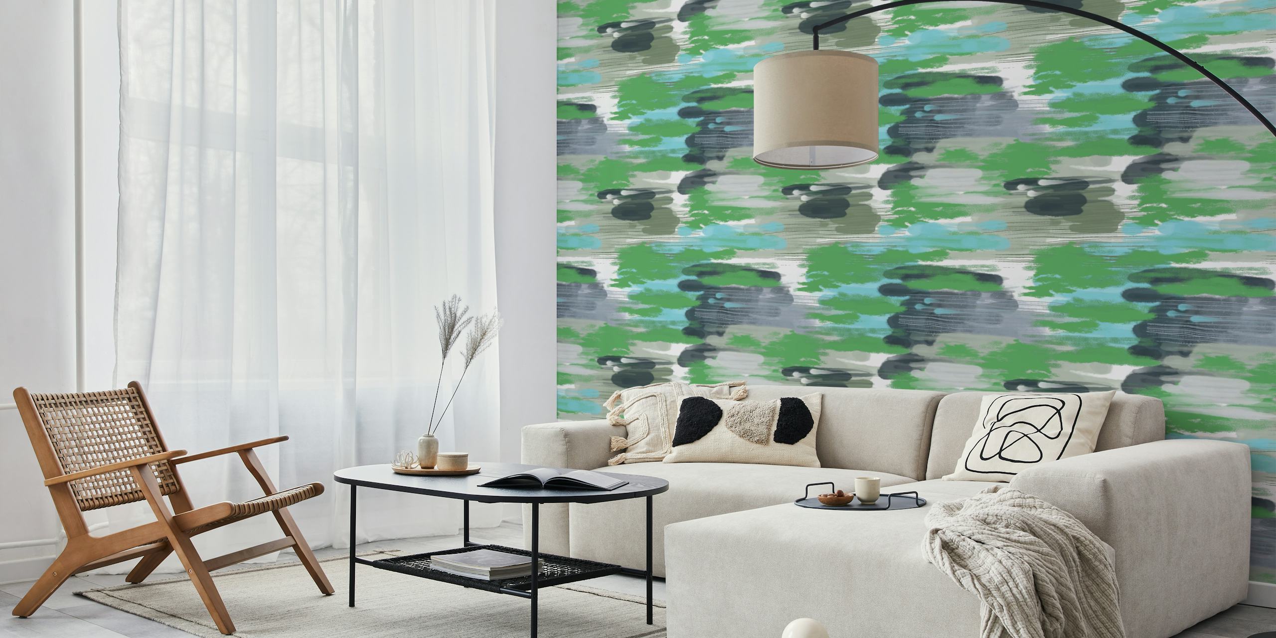 Abstract green, blue, and grey wallpaper with soft brush strokes