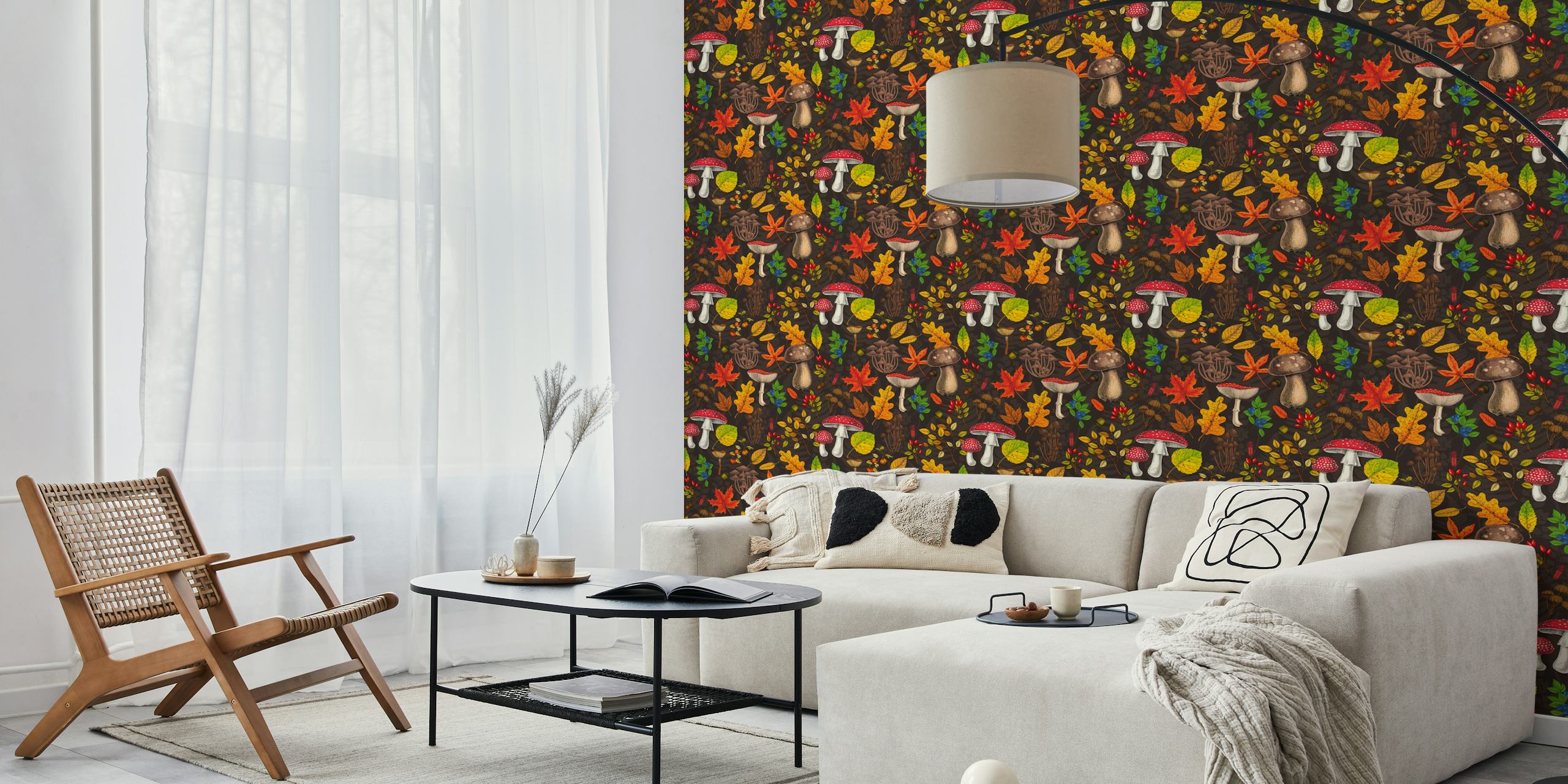 Autumn-themed wall mural with mushrooms, fallen leaves, nuts, and berries on a dark brown background