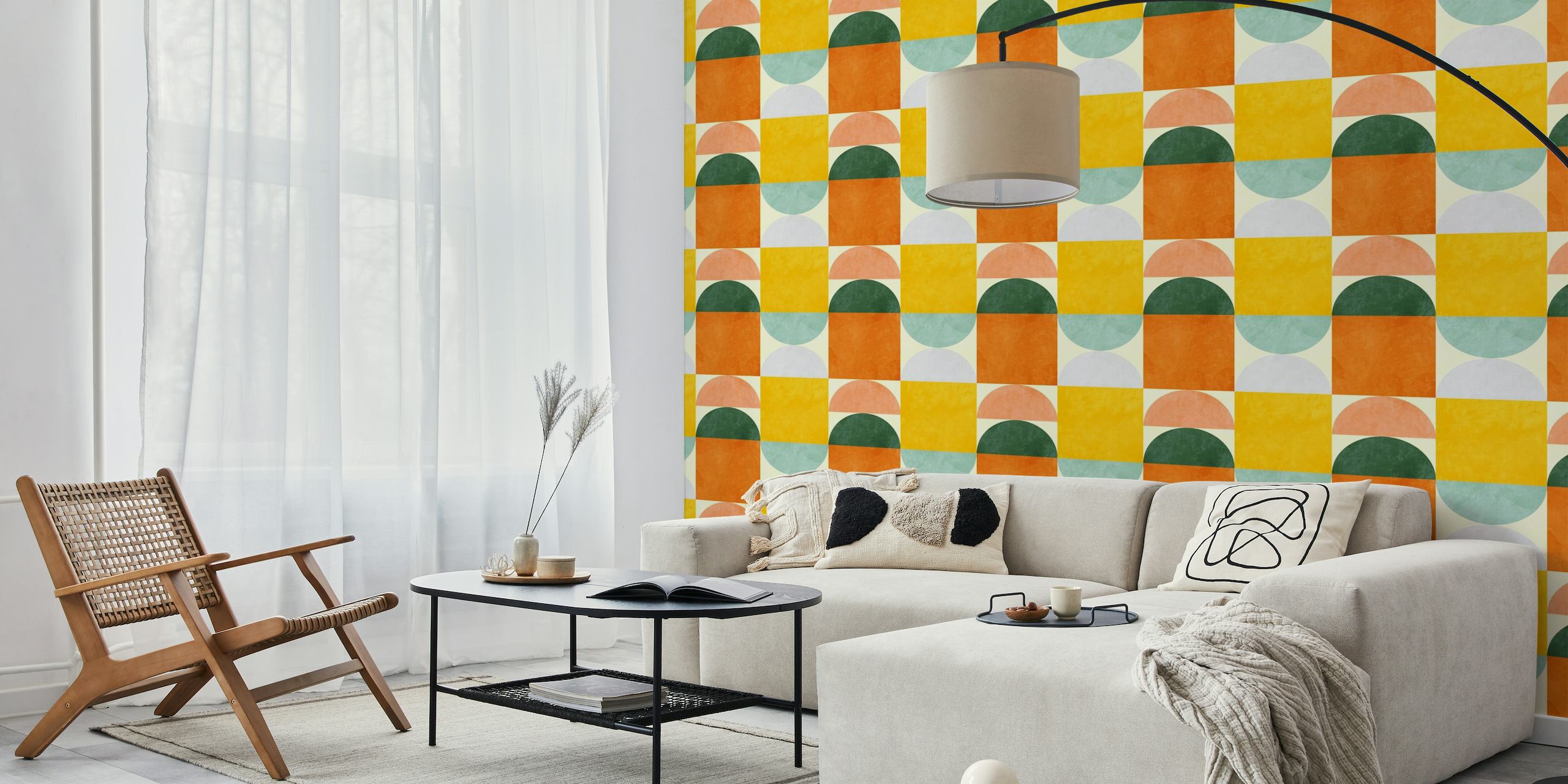 Colorful checkers wall mural with mid century modern style hues